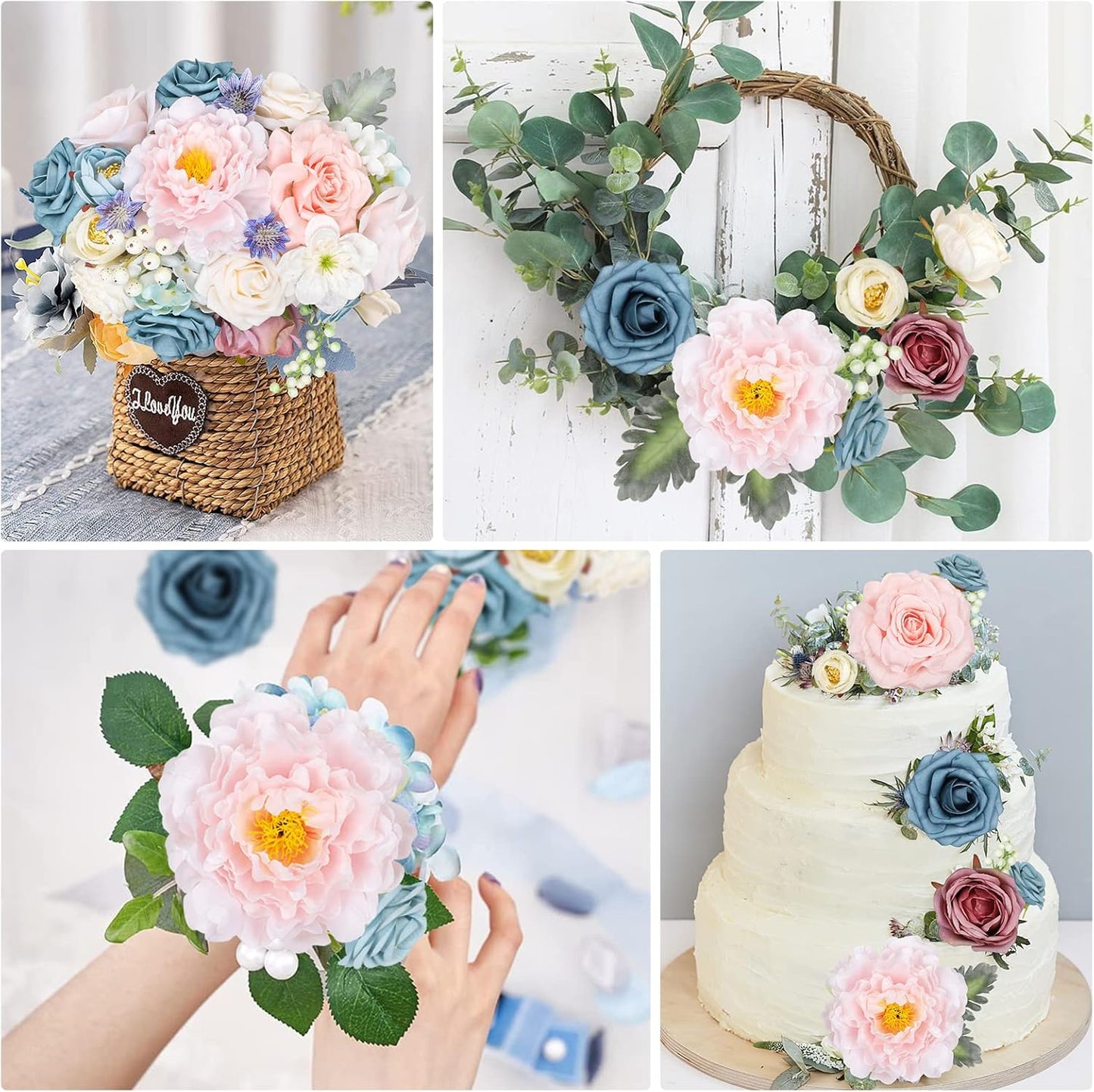 AmyHomie Blue Pink Artificial Flowers Combo Silk Mix Peony Rose Hydrangea Daisy Fake Flowers w/Stem for DIY Wedding Bouquets Centerpieces Arrangements Table Decor Party Bridal Baby Shower Home Decor