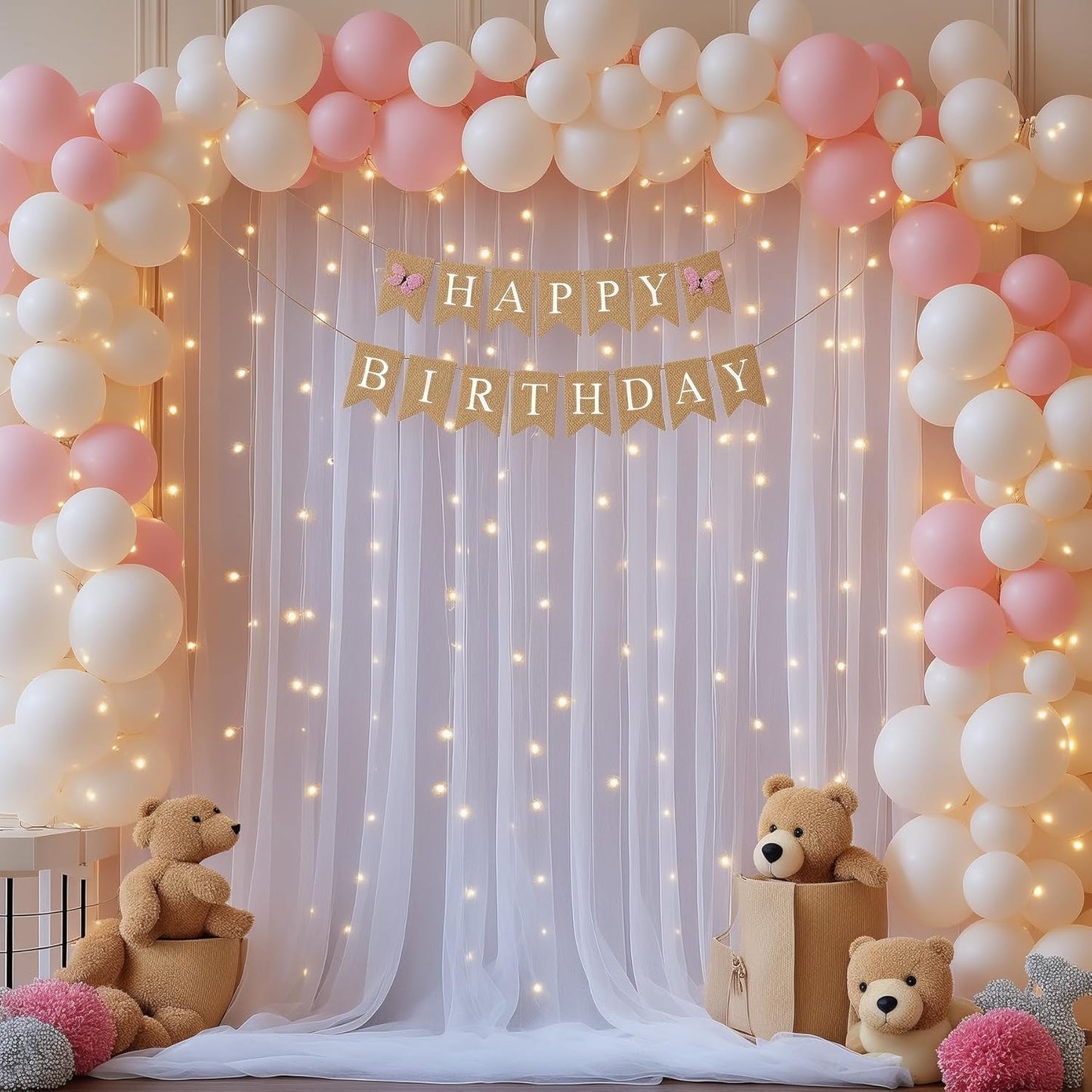 10ft x 8ft White Sheer Tulle Backdrop Curtains with Lights String Wedding Backdrop for Reception Ceremony Birthday Party Baby Shower Photo Booth Background Decoration