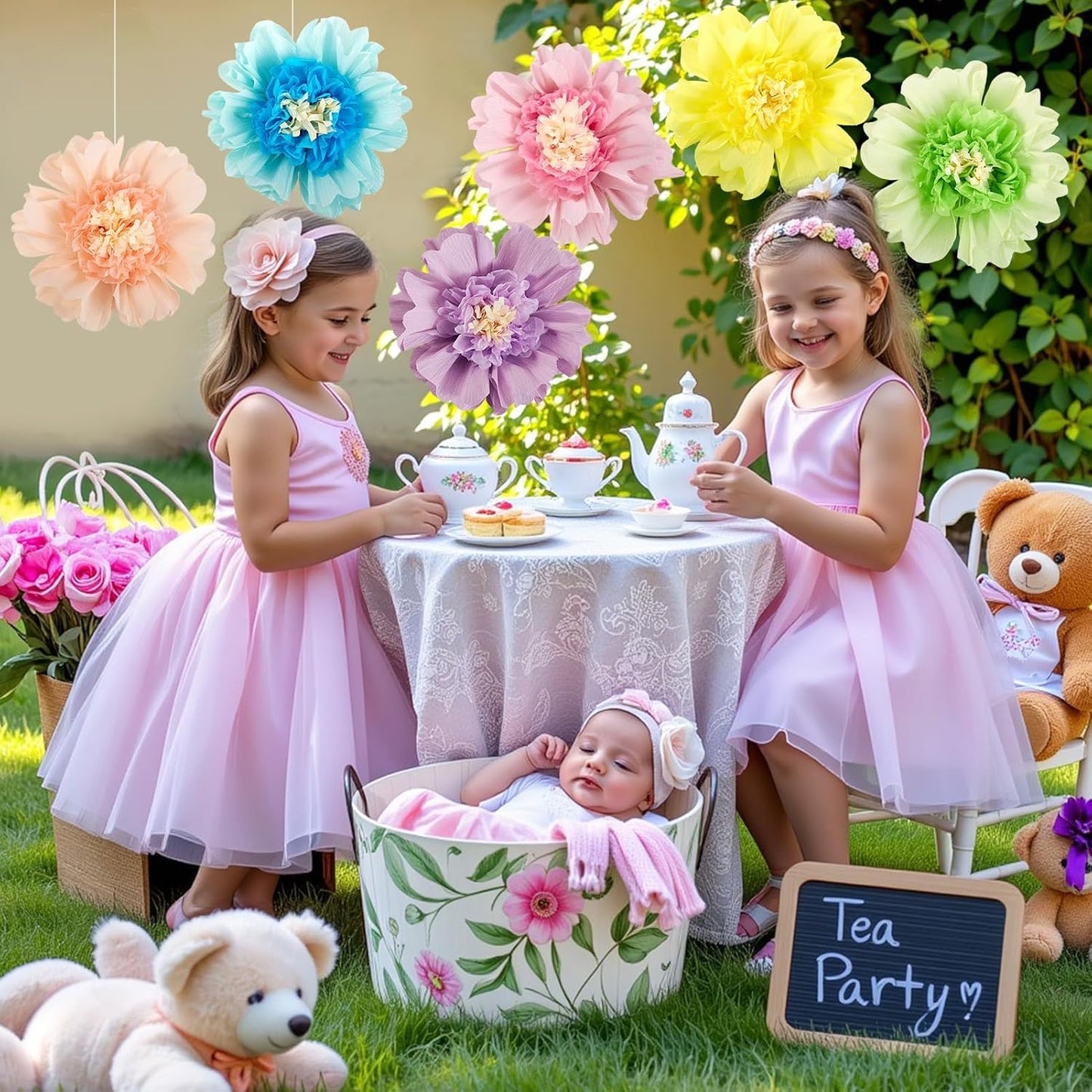 SUNBEAUTY Mexican Paper Flowers Decorations 6 PCS Colorful Fiesta Giant DIY Bulletin Board Large Pastel Tissue Paper Pom Poms 12" for Party Birthday Wedding Nursery Baby Bridal Shower Backdrop