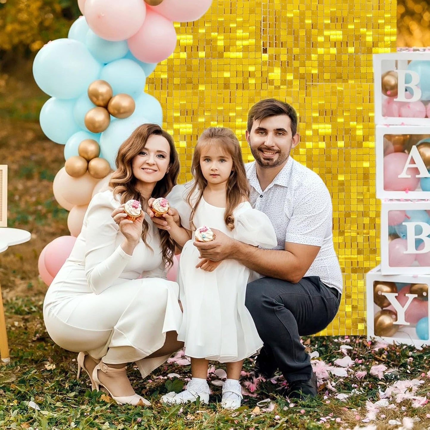 12PCS Gold Shimmer Wall Backdrop, Square Sequin Photo Backdrops Panel, Glitter Wall Background for Birthdays, Weddings, Graduation, Engagements, Disco Bachelorette Party Decoration (3FTx4FT)