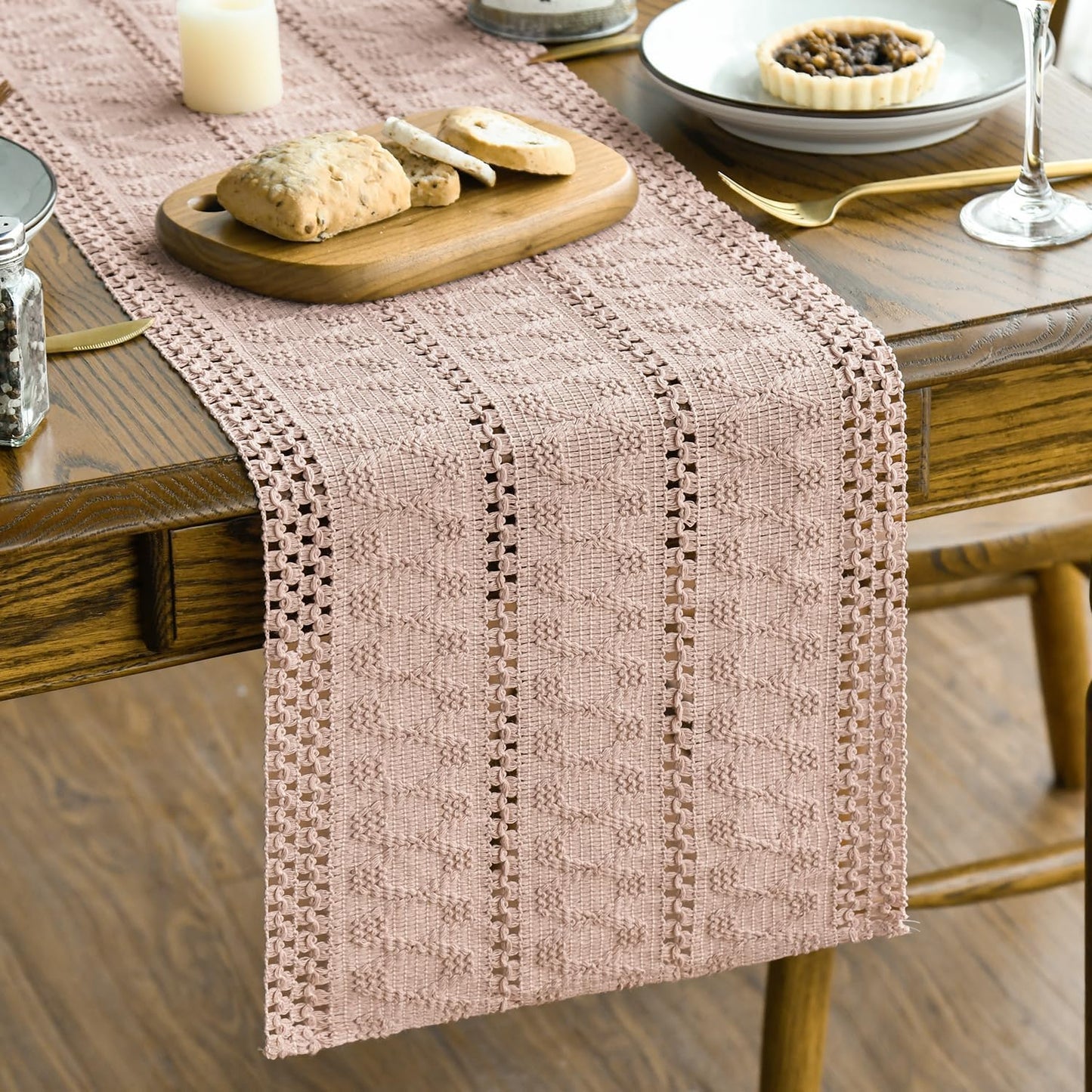 Artoid Mode Pink Farmhouse Woven Rustic Hollow Table Runner, Seasonal Holiday Hollow Kitchen Dining Table Decoration for Home Party Decor 12x72 Inch