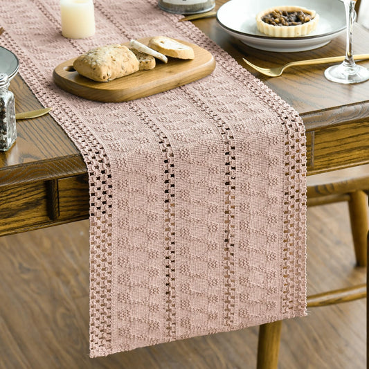 Artoid Mode Pink Farmhouse Woven Rustic Hollow Table Runner, Seasonal Holiday Hollow Kitchen Dining Table Decoration for Home Party Decor 12x108 Inch
