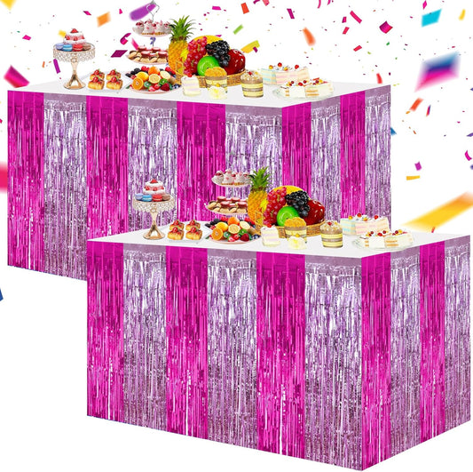 BEISHIDA 2 Pack Hot Pink Pink Table Skirts Party Decorations Purple Metallic Tinsel Foil Fringe Rectangle Round Table Skirts for Girls Birthday Holiday Valentines Party Supplies