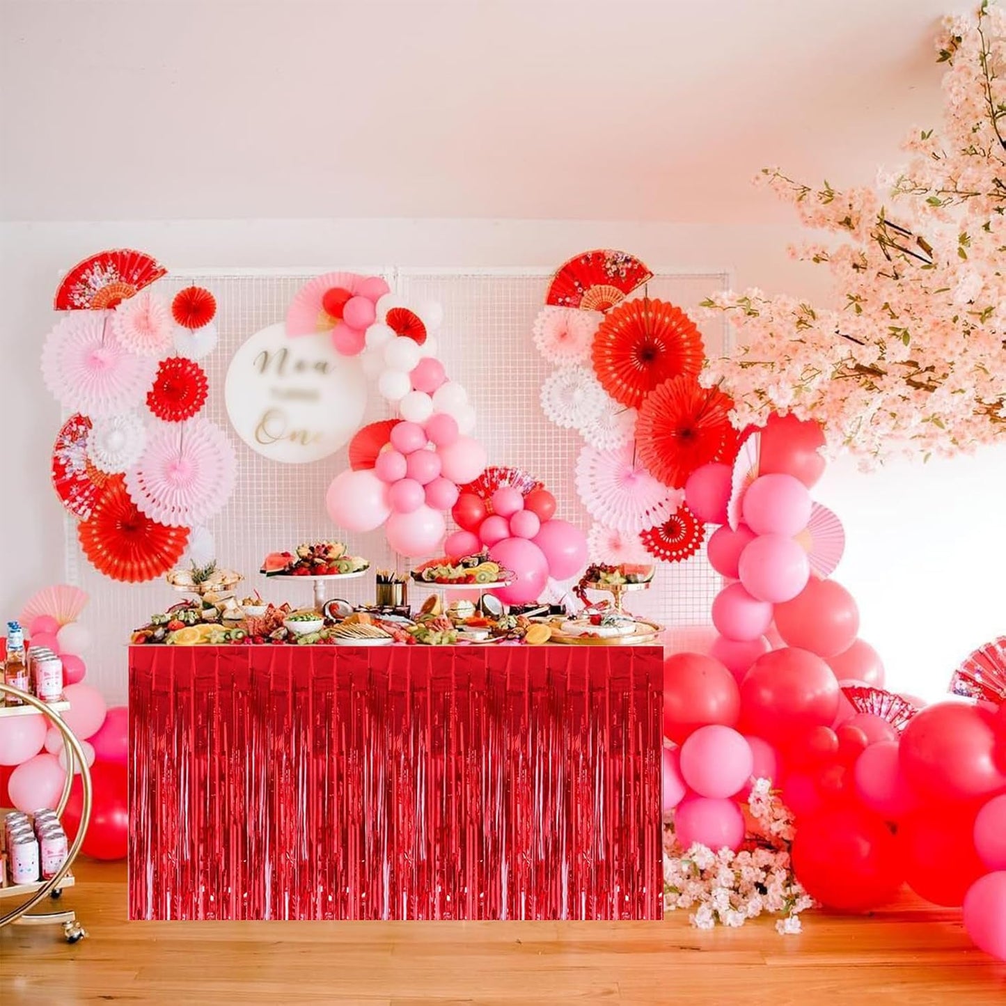 BEISHIDA 2 Pack Red Table Skirts Party Decorations Metallic Tinsel Foil Fringe Decors for Rectangle and Round Table Birthday Valentines Chinese New Year Graduation Congrats 2025 Party