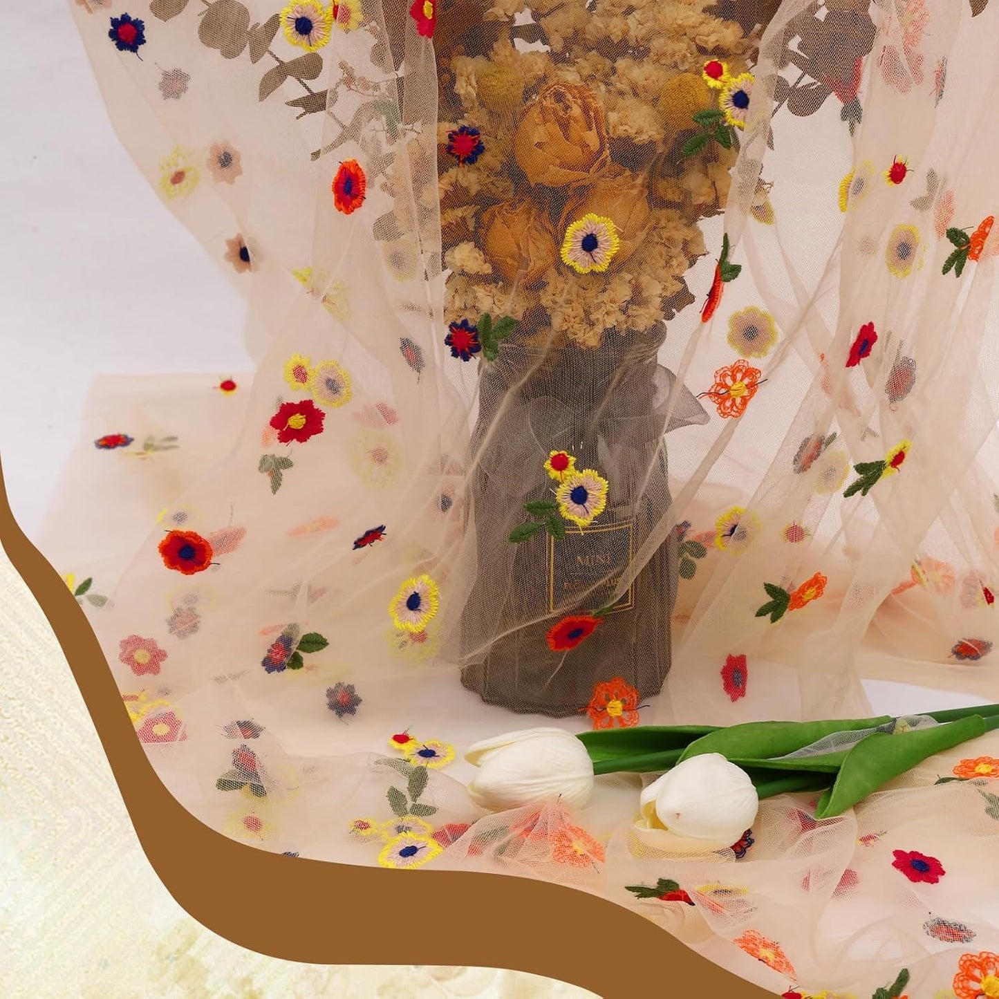 Champagne Floral Table Runner 10 FT, Embroidery Daisy Table Runners Seasonal Sheer Tulle Table Runner for Thanksgiving Wedding Birthday Baby Shower Party ﻿