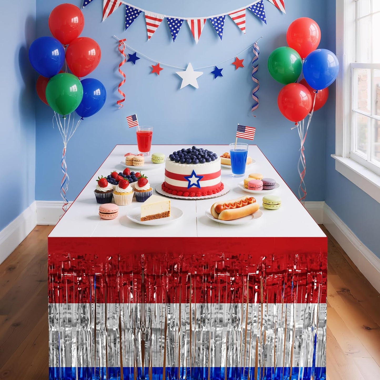 2 Pack Red&White&Blue Table Skirts, 29x108" Metallic Foil Tinsel Fringe Table Skirt for Rectangle Tables Streamer Curtains Backdrop, Party Decorations for Birthdays, Weddings, Holidays
