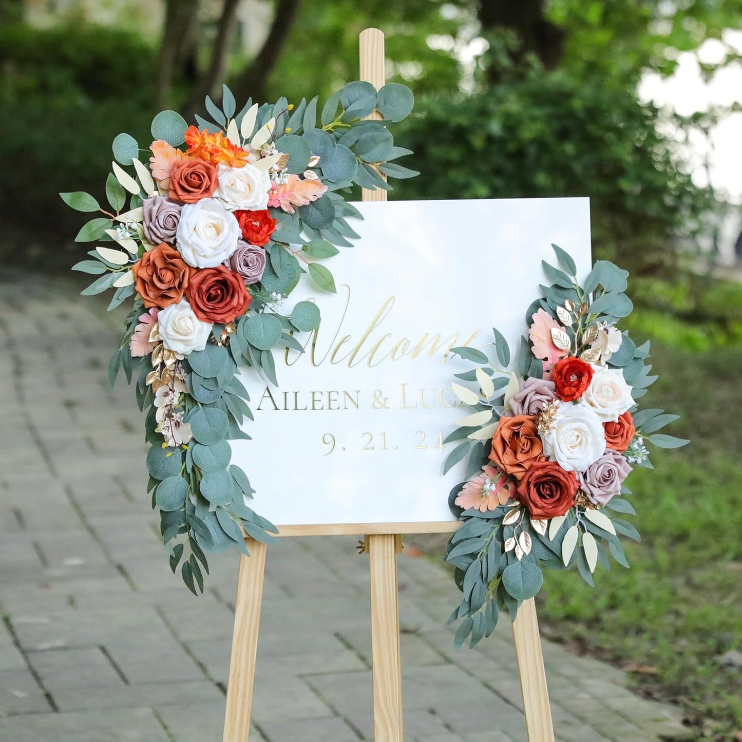 Burnt Orange Wedding Arch Flowers, Artificial Flowers for Wedding Welcome Signs and Autumn Weddings Reception Ceremony Decoration, Fall Flowers Decor (Set of 2)