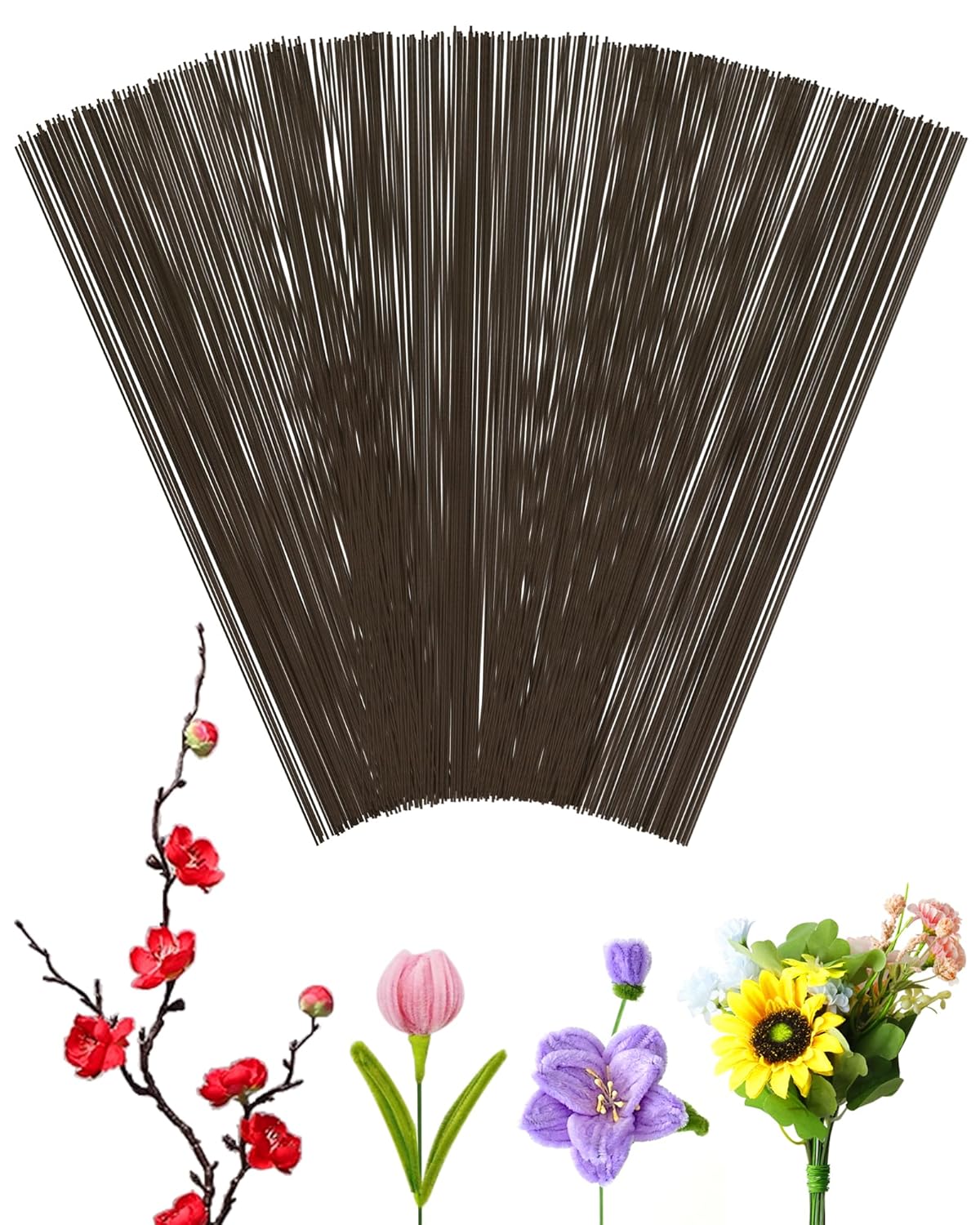 100 PCS FIVEIZERO 26 Gauge Beown Floral Wire Stems for Artificial Flower Making,Florist Wire,Flower Wires for Crafts,Alambre para Flores for Wreaths, Flower Arrangements and DIY Projects