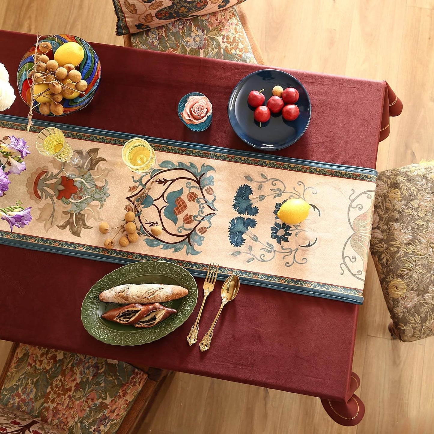 patdrea Designer Casual Wild Floral Velvet Table Runner 102 Inch Long, Brown Occult Bouquets Pattern Table Mat, Decoration for Kitchen Dining Coffee Table Cabinet Banquet Thanksgiving,12"*102"