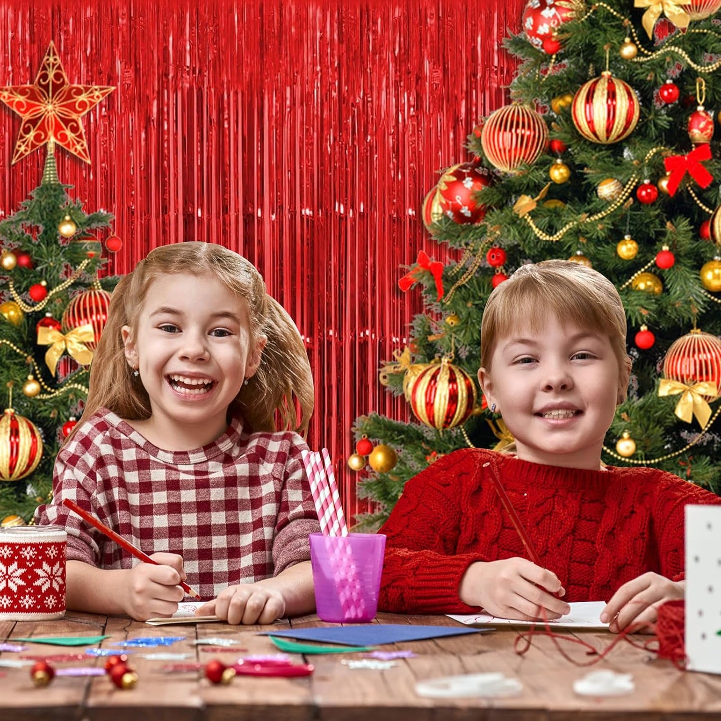 10 Pack Red Backdrop Curtain 3.2ft x 8.2ft Metallic Tinsel Foil Fringe Curtains Photo Booth Background for Birthday Party Decoration Baby Shower Engagement Wedding Christmas Decoration (Red)