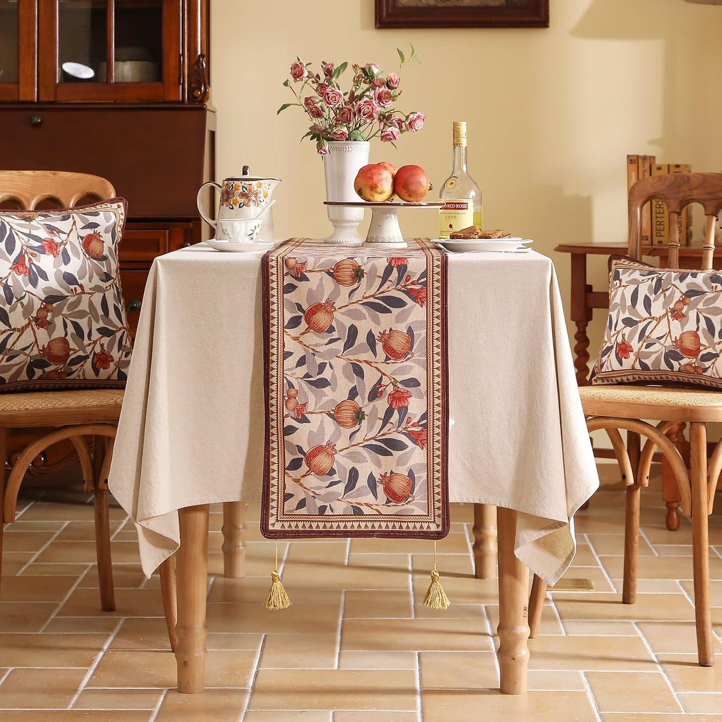 patdrea Designer Vintage SaddleBrown Extra Long Linen Table Runner 118 Inch Long,Pomegranates Pattern Table Mat, Decor for Kitchen Dining Coffee Table Shelf Cabinet Banquet Christmas ,12"*118"