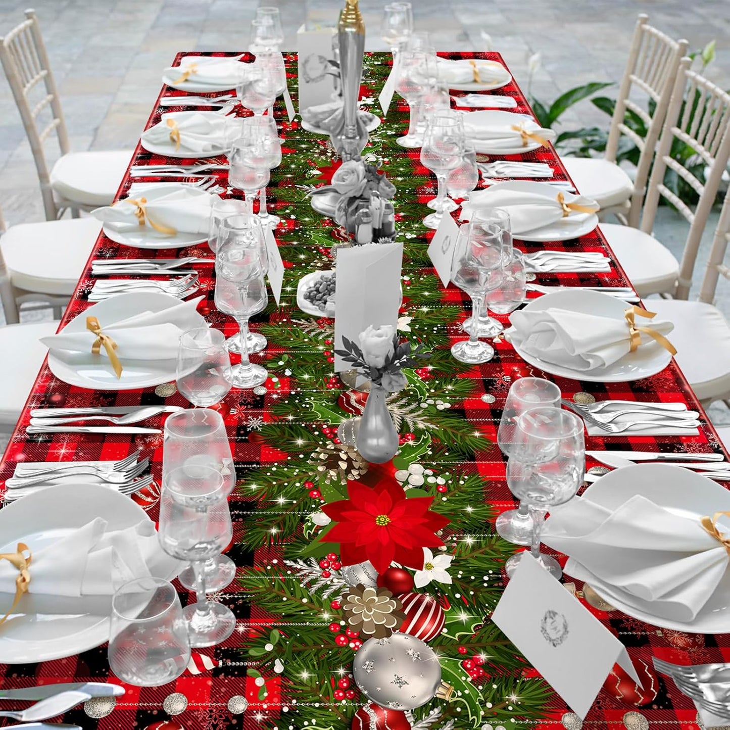 12Pcs Christmas Buffalo Plaid Snowflake Tablecloths,Plastic Red and Black Checkered Rectangle Christmas Tree Color Ball Table Cover for Winter Christmas New Year Holiday Party Decorations,54x108 inch