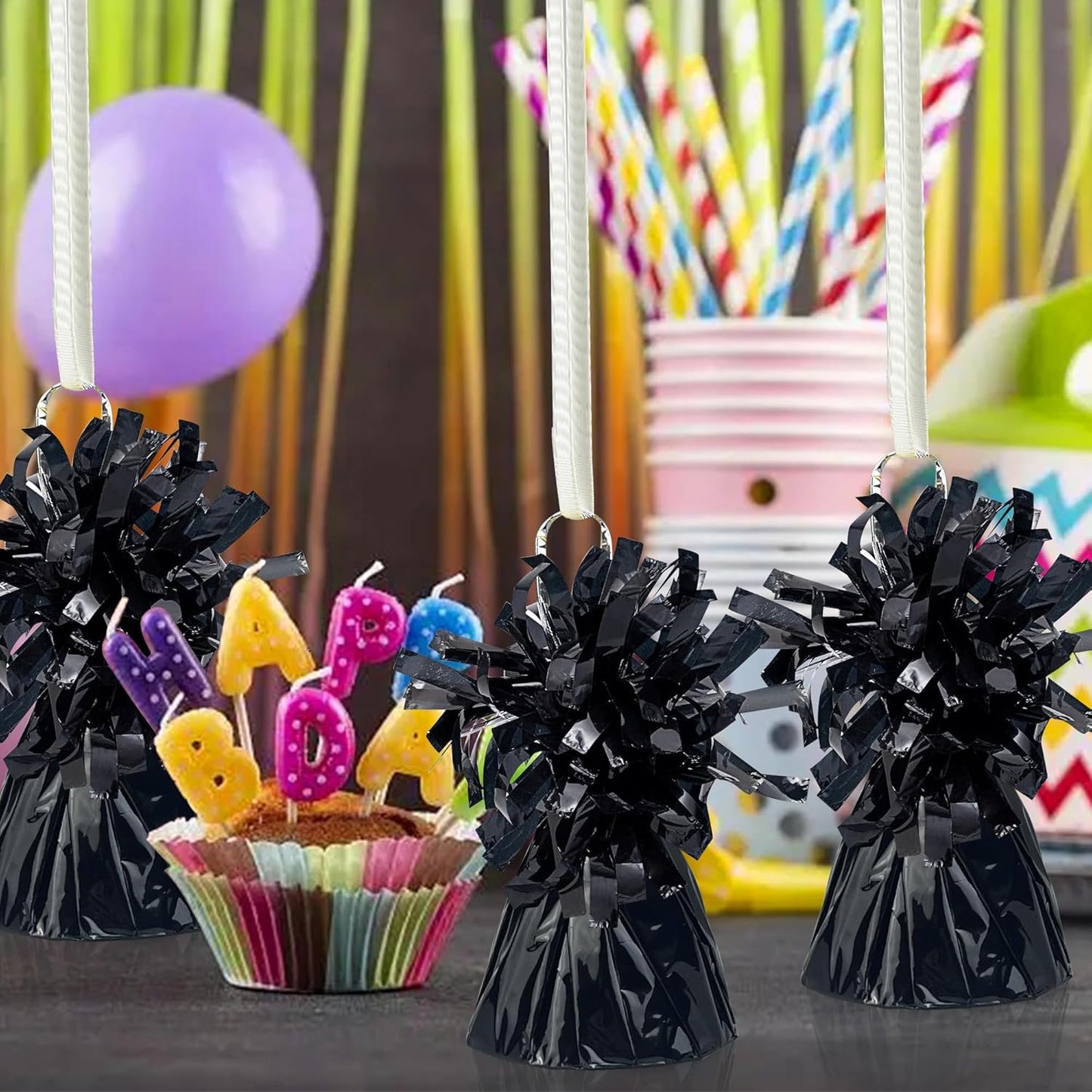 16 PCS Metallic Wrapped Balloon Weights Black Heavy Balloon Weight for Balloons Birthday Party Table Centerpiece Decorations (Black)