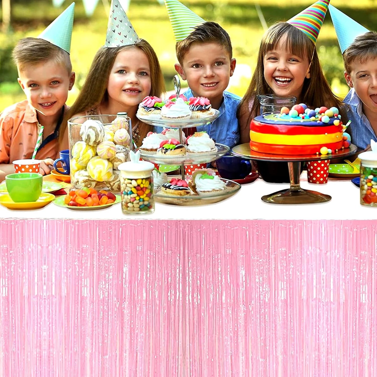 4 Pack 29x108 Inch Metallic Foil Fringe Tinsel Table Skirts for Rectangle Tables Streamer Backdrop for Wedding, Birthday, Parade Floats, Christmas, Halloween Party Decoration(Macaron Pink)