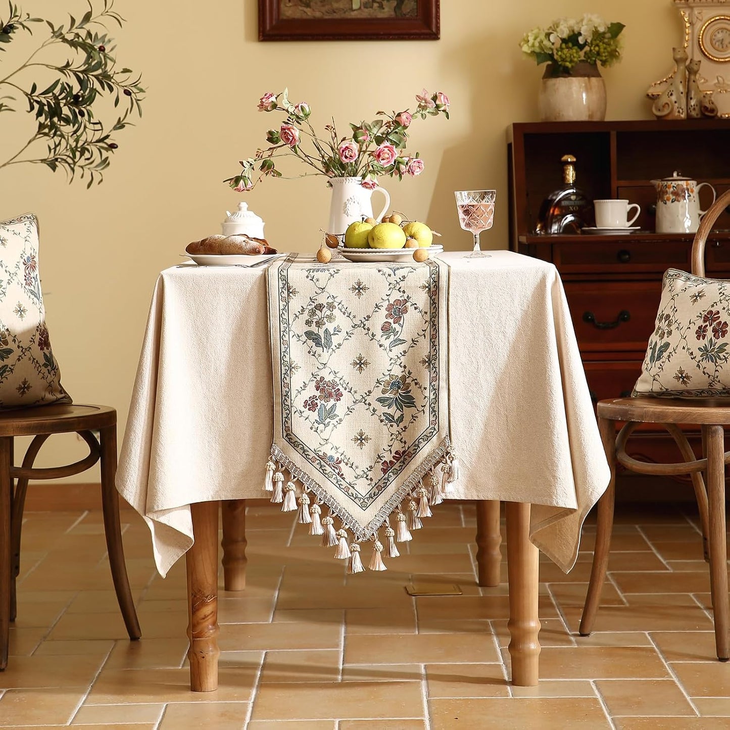 patdrea Designer Vintage Floral Linen Extra Long Table Runner 118 Inch Long,Beige Cottage Rustic Bouquets Pattern Table Mat,Decor for Kitchen Dining Coffee Table Cabinet Thanksgiving,12"*118"