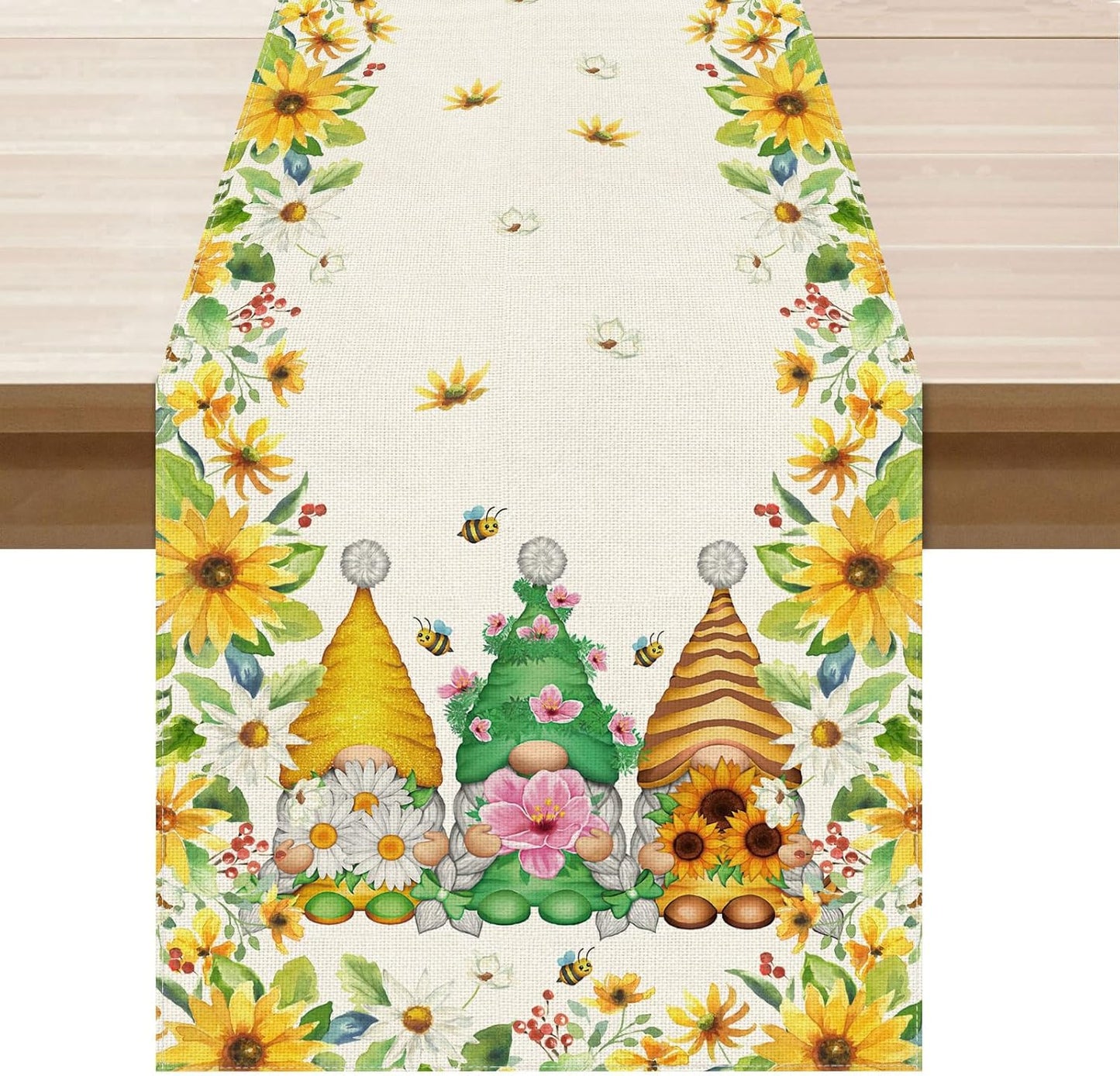 XCHI Yellow White Daisies Flowers Gnomes Spring Table Runner Burlap Table Decoration for Summer Seasonal Home Kitchen Dining Dinner Indoor Holiday Farmhouse Decor 13x72 Inch