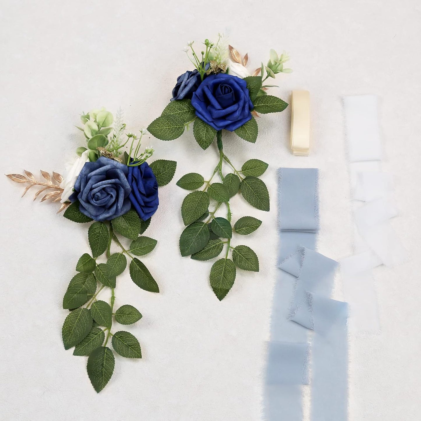 Wedding Aisle Decorations for Wedding Ceremony Set of 10 Pew Flowers for Church Chair Decorations Party Decor with Artificial Flowers Eucalyptus and Ribbons Blue