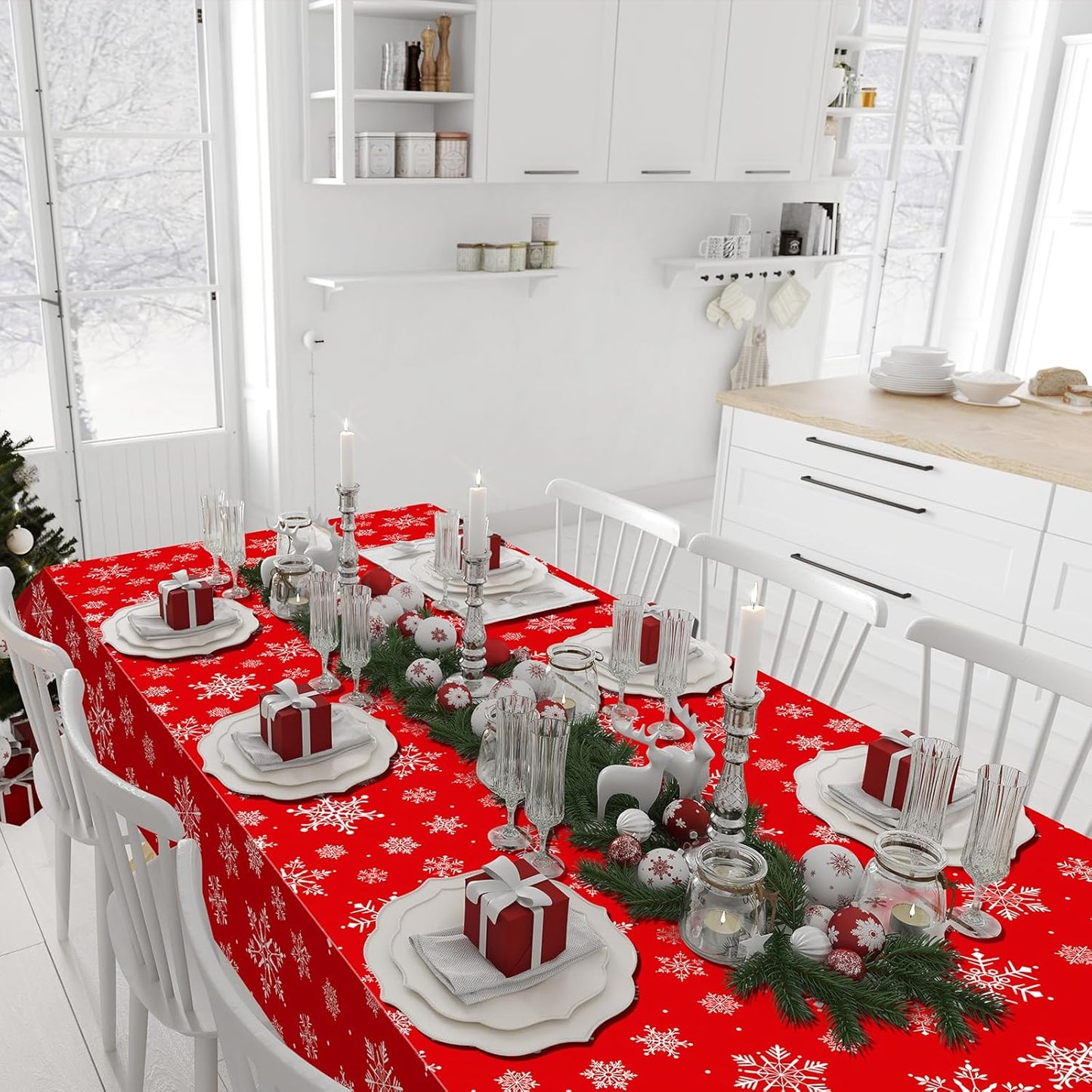 12 Pieces Christmas Snowflake Plastic Party Tablecloth Decorations,54x108 inch Disposable White Red Rectangle Snowflake Xmas Table Cover Backdrop for Winter Christmas Holiday New Year Party Supplies