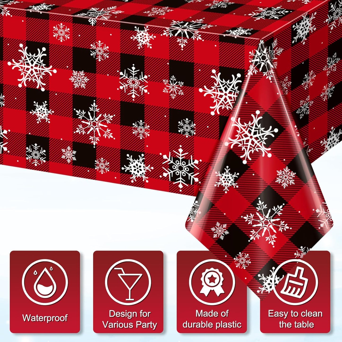 12 Pieces Red and Black Buffalo Plaid Merry Christmas Party Tablecloth Decorations,Plastic White Snowflake Buffalo Plaid Sign Table Cover for Winter Christmas Holiday Party Supplies,54x108 inch