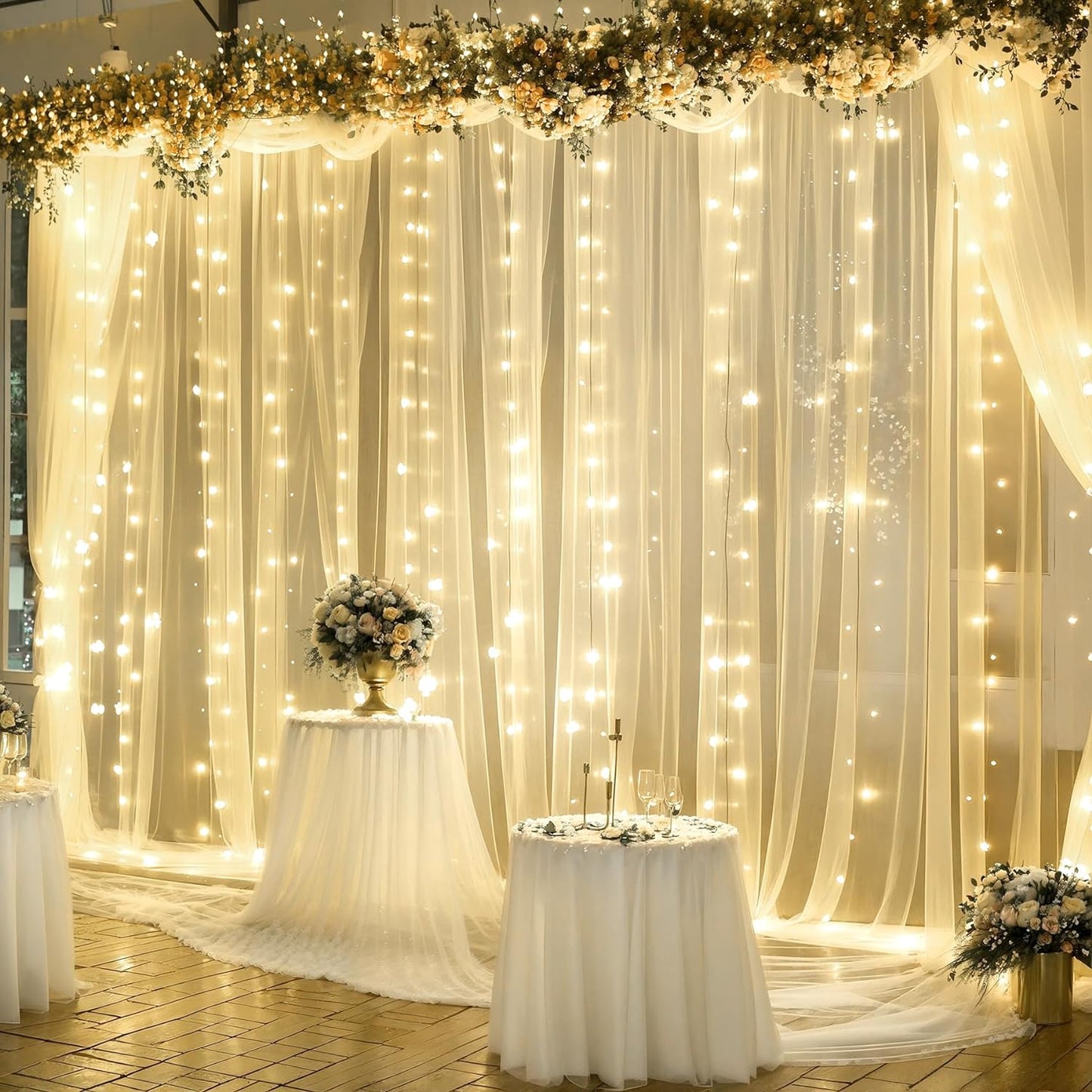 10ft x 10ft Champagne Tulle Backdrop Curtain with Lights String for Parties Wedding Bridal Shower Sheer Champagne Curtain Backdrop for Birthday Party Baby Shower Photo Booth Decorations