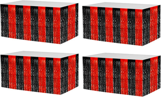 4 Pack 29x108 Inch Metallic Foil Fringe Tinsel Table Skirts for Rectangle Tables Streamer Backdrop for Wedding, Birthday, Parade Floats, Christmas, Halloween Party Decoration(Black Red)
