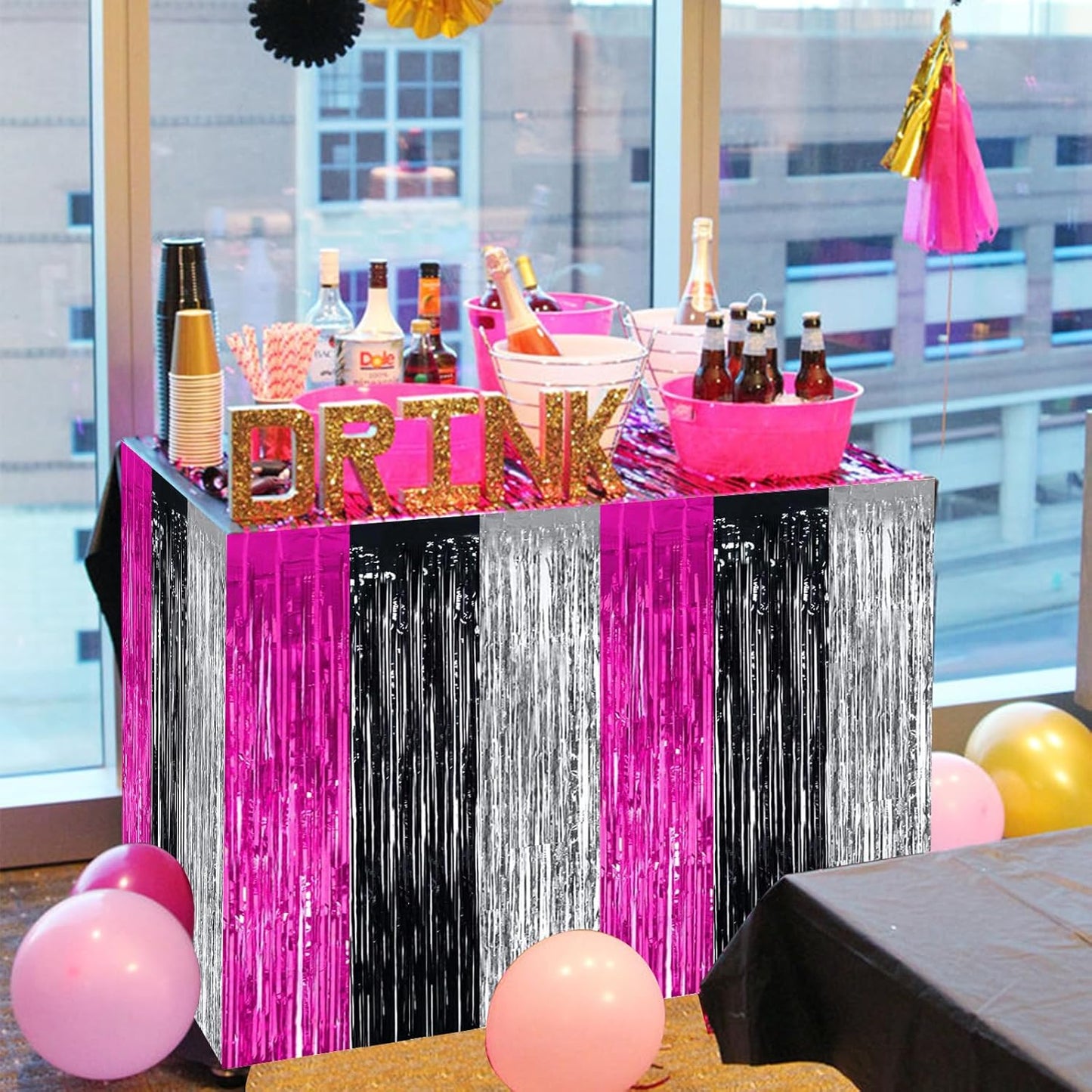 BEISHIDA 2 Pack Hot Pink Black Silver Table Skirts Party Decorations Metallic Tinsel Foil Fringe Table Skirts for Hot Girls Mouse Theme Birthday Holiday Party
