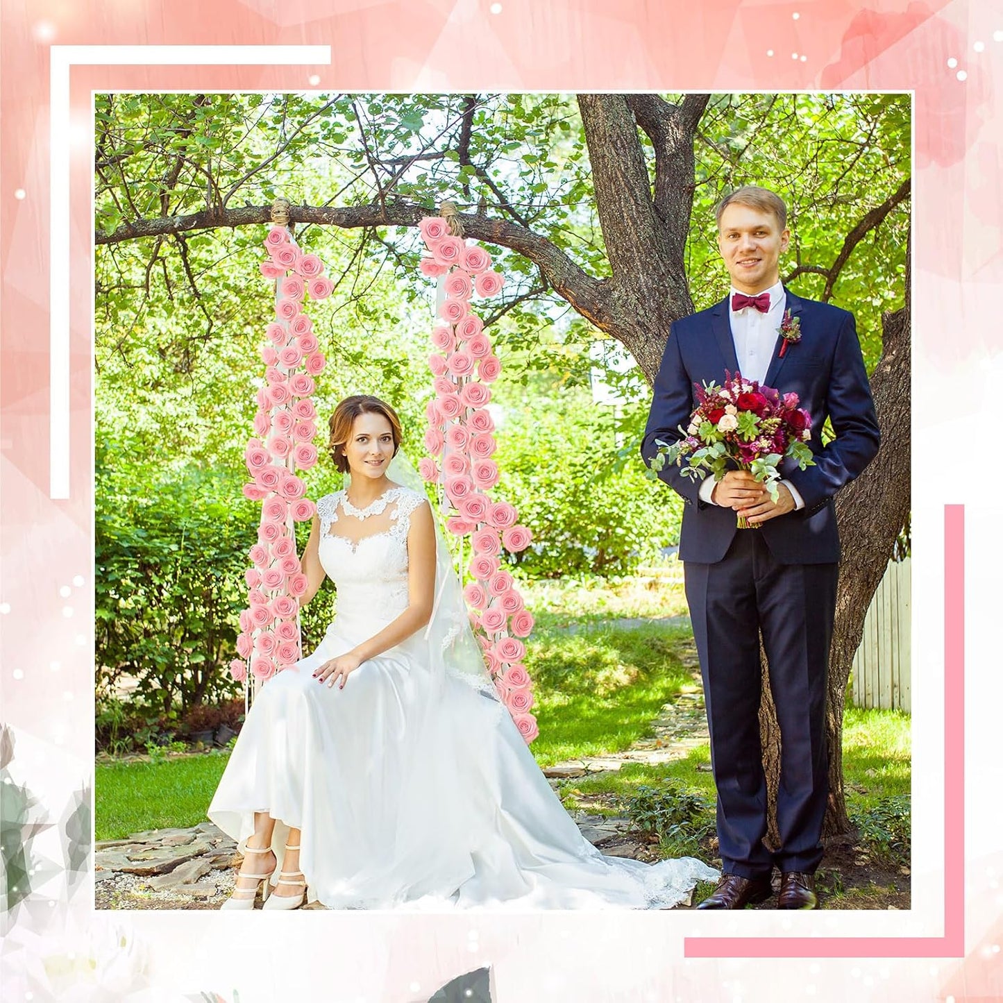 4 Pcs Pink Artificial Rose Vine Hanging Faux Flowers Garland for Wedding Anniversary Birthday Party Background Arch Garden Home Wall Room Decor