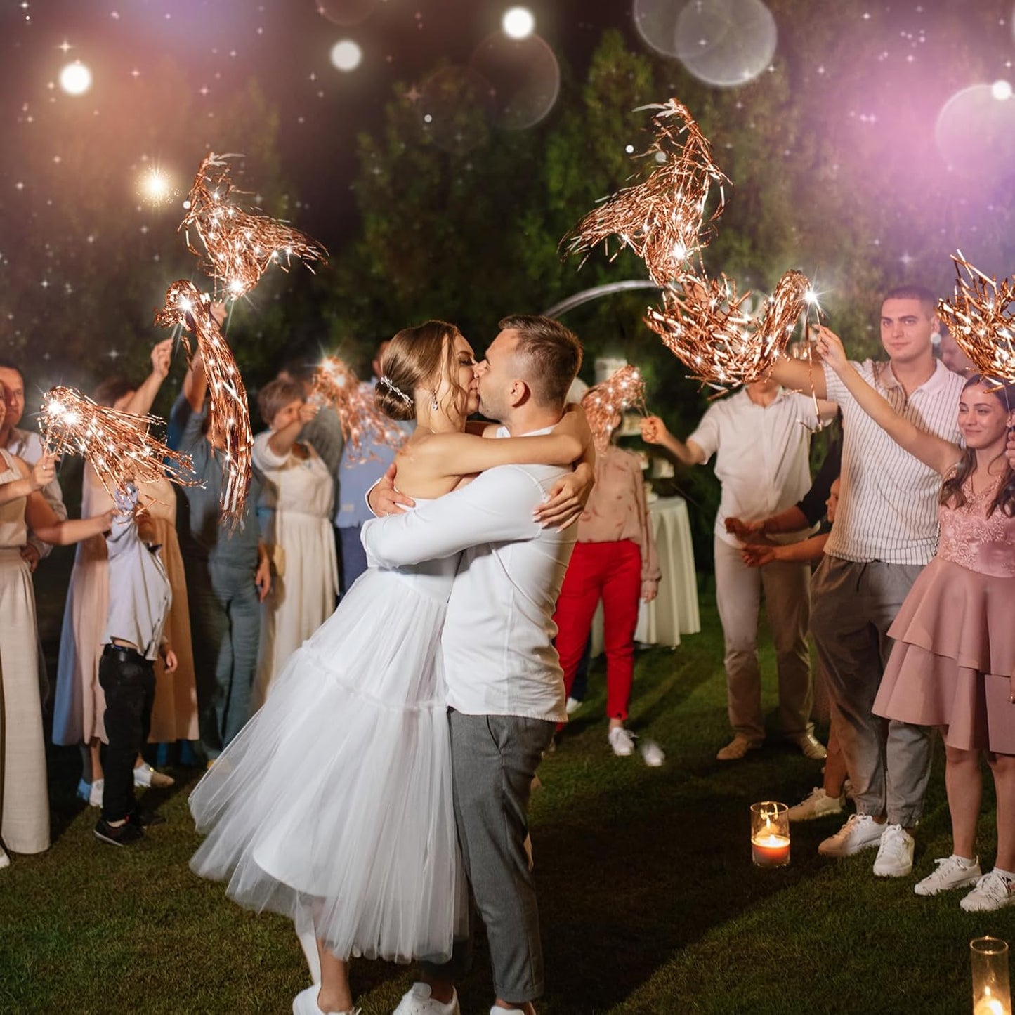 100 Pcs Lighted Wedding Wands LED Tinsel Wands Light up Streamers Sparklers for Wedding Send Off and Exits Birthday Party Props Favors(Rose Gold)