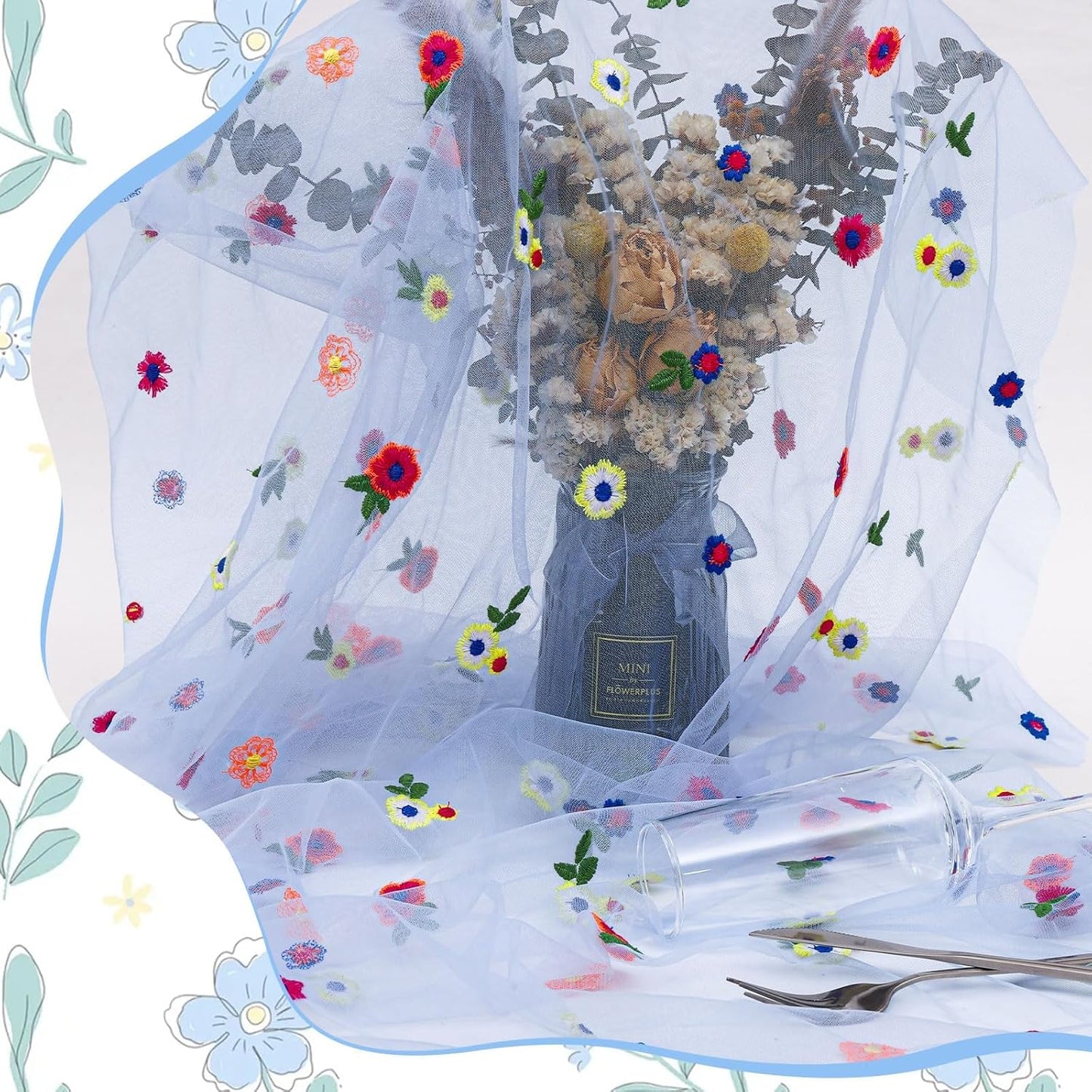 6PCS Blue Floral Table Runner 10 FT, Embroidery Daisy Table Runners Seasonal Sheer Tulle Table Runner for Thanksgiving Wedding Birthday Baby Shower Party ﻿