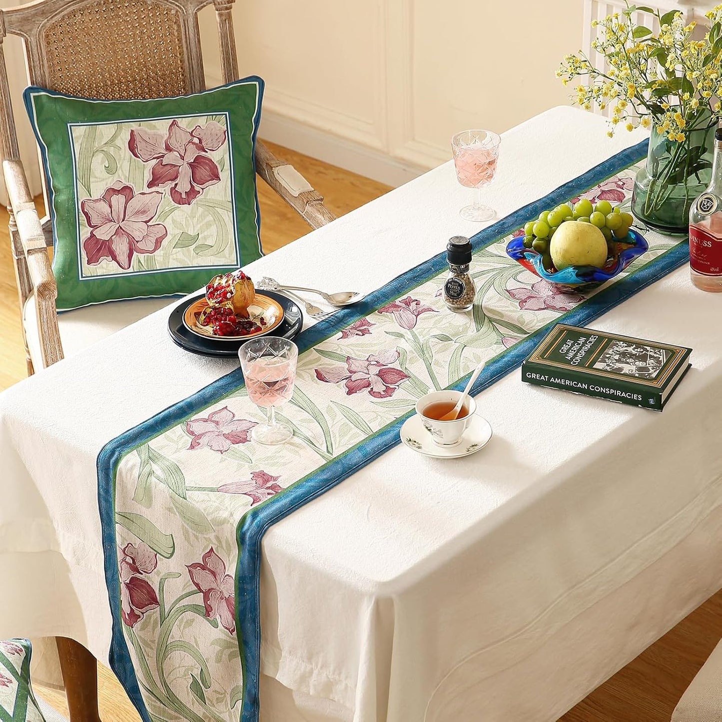 patdrea Designer Elegant Bright Linen Table Runner 87 Inch Long, Mauve Iris Floral Pattern Table Mat, Decoration for Kitchen Dining Table Coffee Table Shelf Cabinet Banquet Christmas ,12"*87"