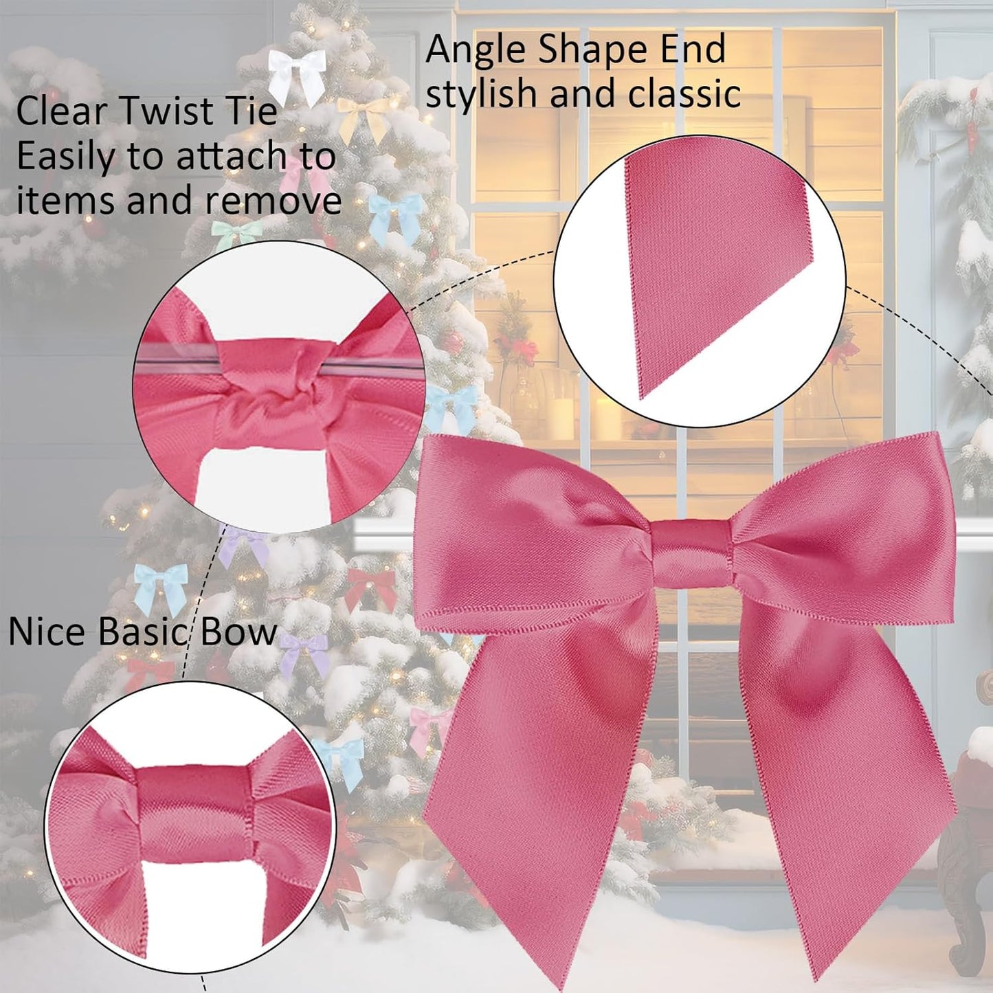 114 Pack Twist Tie Bows for Treat Bags 3" Hot Pink Satin Ribbon Bows for Package Craft, Gift Wrapping Decoration, Candy Bags, Bakery Bags, Wedding, Baptism, Tableware Decor Party Decoration