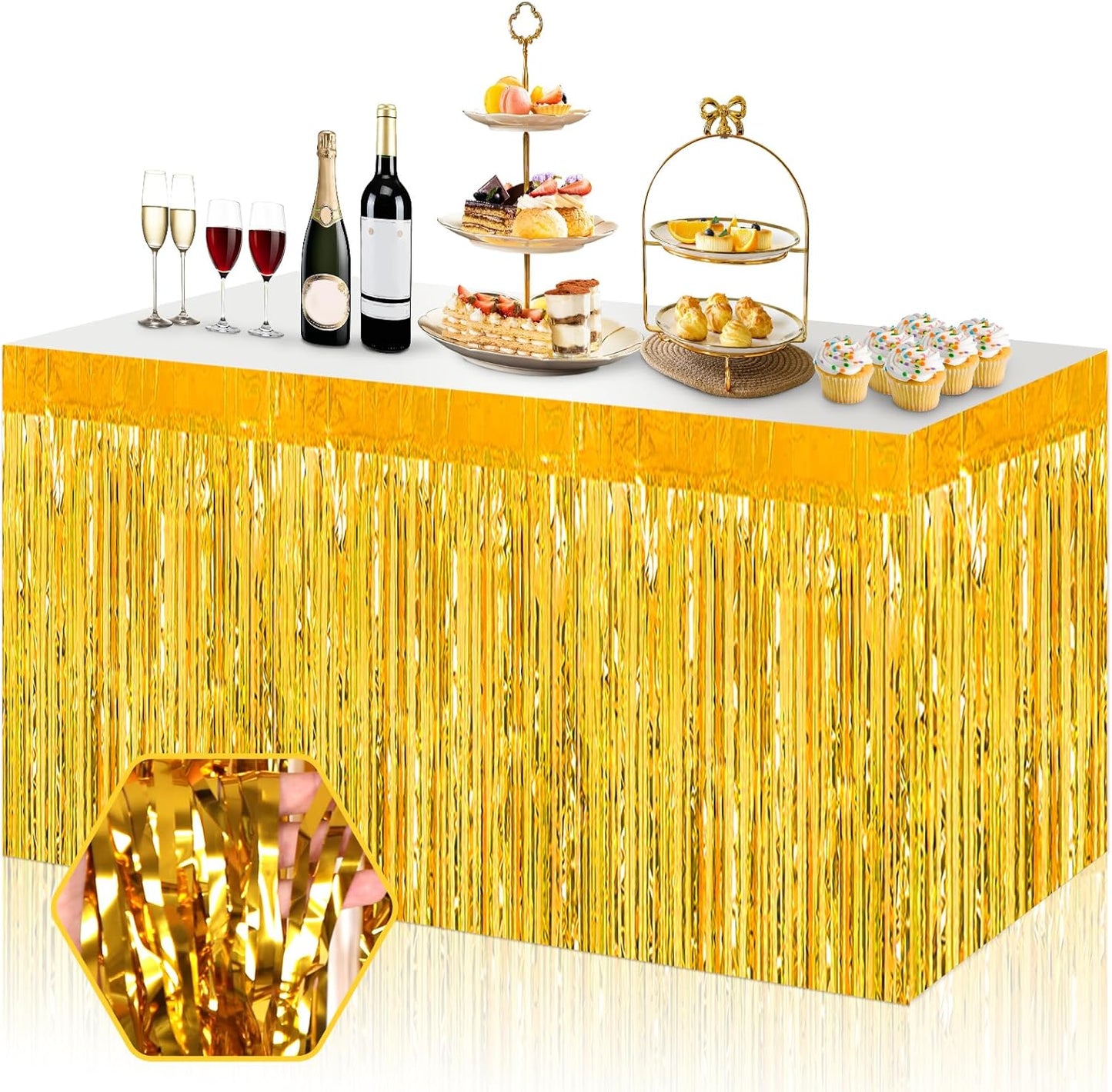 3 Pack 29x108 Inch Gold Foil Fringe Table Skirts Metallic Banner for Tinsel Streamer Garland Backdrop for Parade Floats Wedding Thanksgiving Birthday Christmas Halloween Party Decoration
