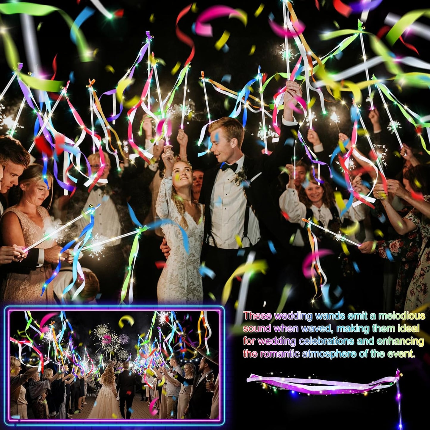 100 PCS Light Up Wands for Wedding, Wedding Favors with 3 Colorful Flashing Modes, LED Silk Fairy Wands with Bells for Wedding, New Year, Raves, Concert, Birthday, Party Streamers