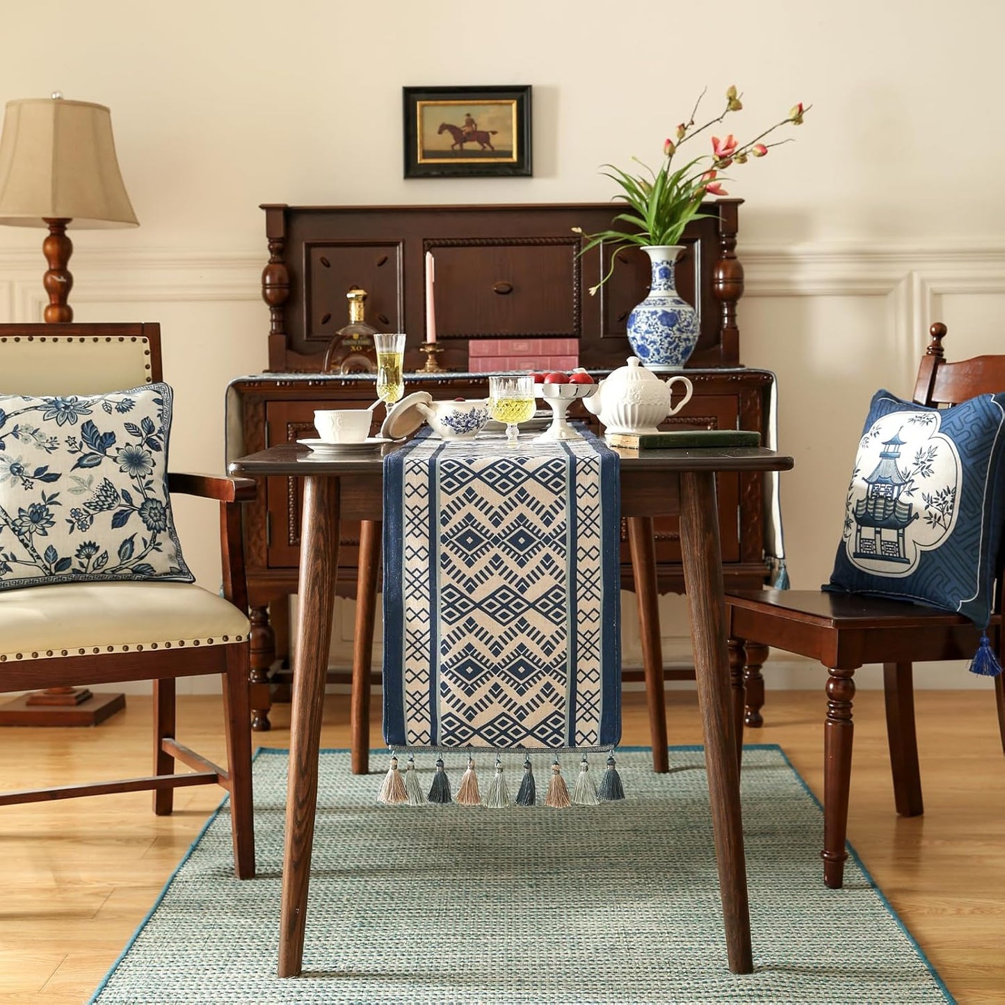 Chinoiserie Blue Stripe Cloth Runner for Table,Decorative Farmhouse Linen 87 Inches Long Table Runners,Decor Tabletop for Kitchen,Dining,Party,Home,Christmas,12"*87"