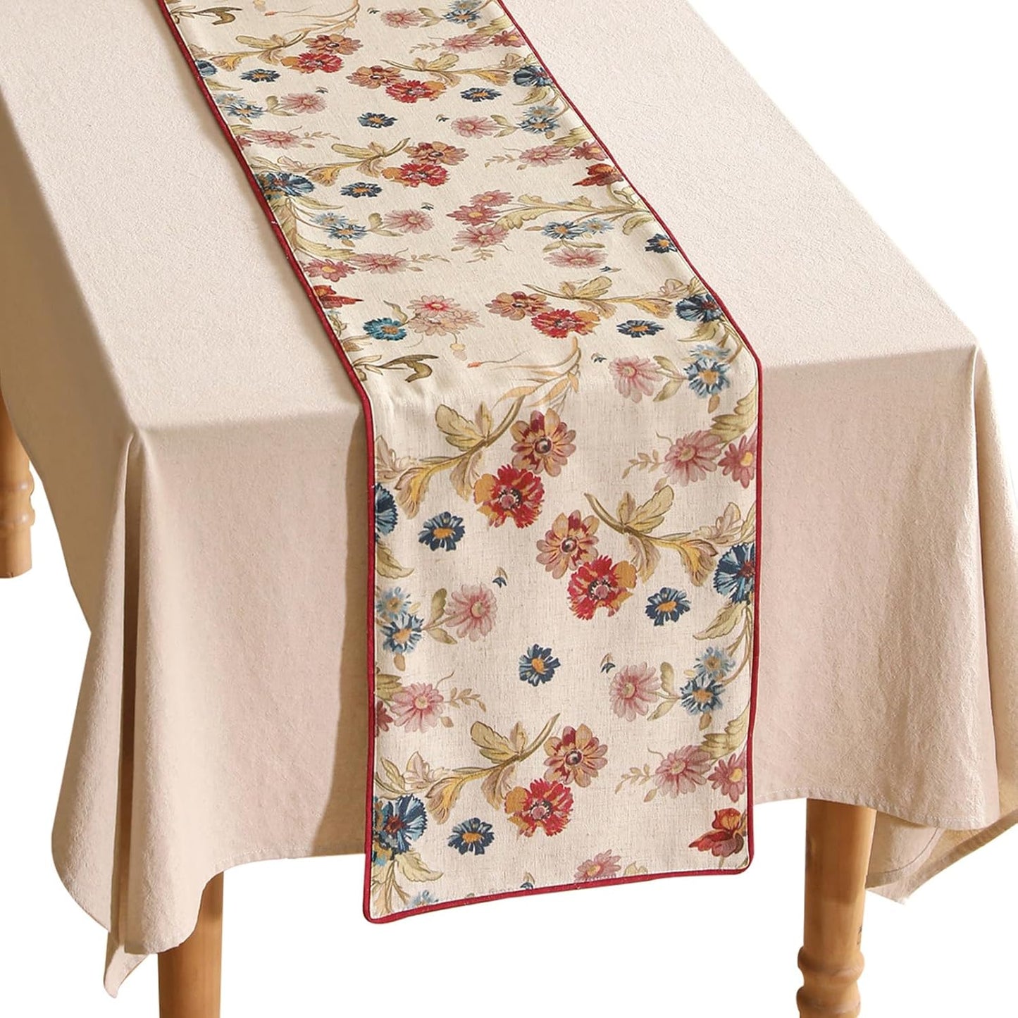 patdrea Designer Farmhouse Linen Thick Table Runner, Rustic Cottage Beige with Floral Pattern Fabric Table Mat, Decoration for Kitchen Dining Coffee Table Banquet Christmas , 12"*71"