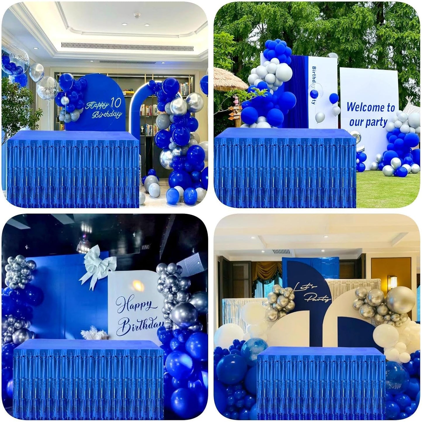 Blue Streamers Party Decorations, 2 Packs Blue Table Skirts Metallic Foil Fringe Tinsel for Birthday Under the Sea Boy Baby Shower Float Parade Mardi Gras Graduation Party Supplies -29x108Inch