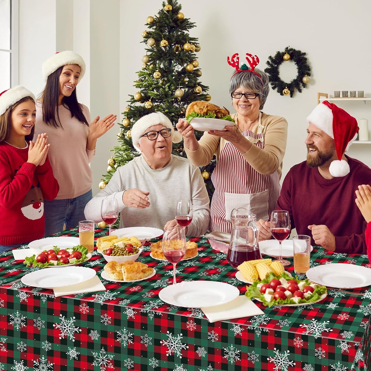 12Pcs Christmas Buffalo Plaid Snowflake Party Tablecloths Decorations,Plastic Red and Green Checkered Rectangle Table Cover for Winter Christmas New Year Birthday Holiday Party Decorations,54x108 inch