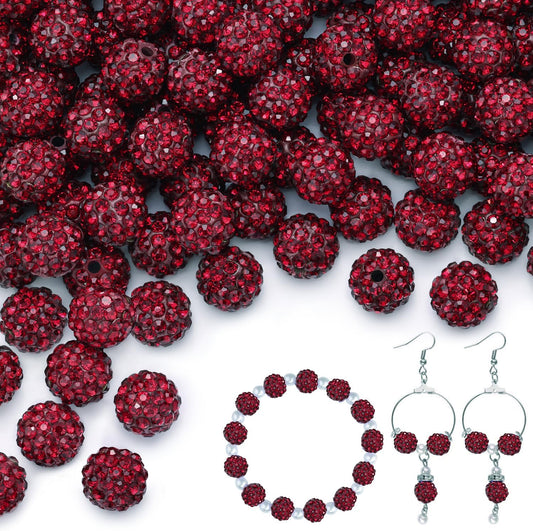 150 pcs 10mm Rhinestone Beads for Jewelry Making, Dark Red Shiny Round Shamballa Disco Beads Bulk, Sparkle Crystal Clay Christmas for Bracelet Baseball Necklace Earring Crafting and DIY