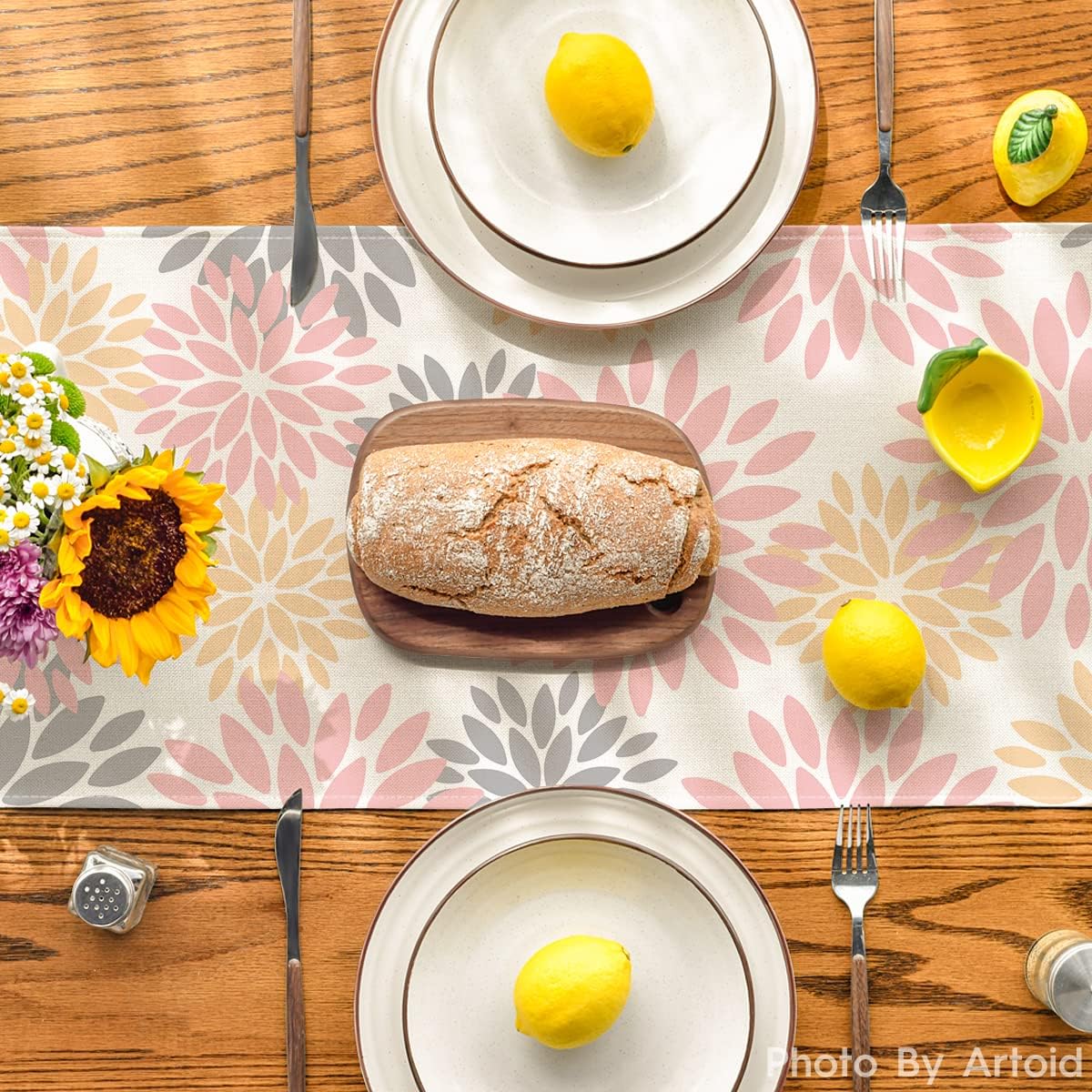 Artoid Mode Pink Dahlia Floral Pinnata Summer Table Runner, Spring Kitchen Dining Table Decoration for Home Party Decor 13x36 Inch