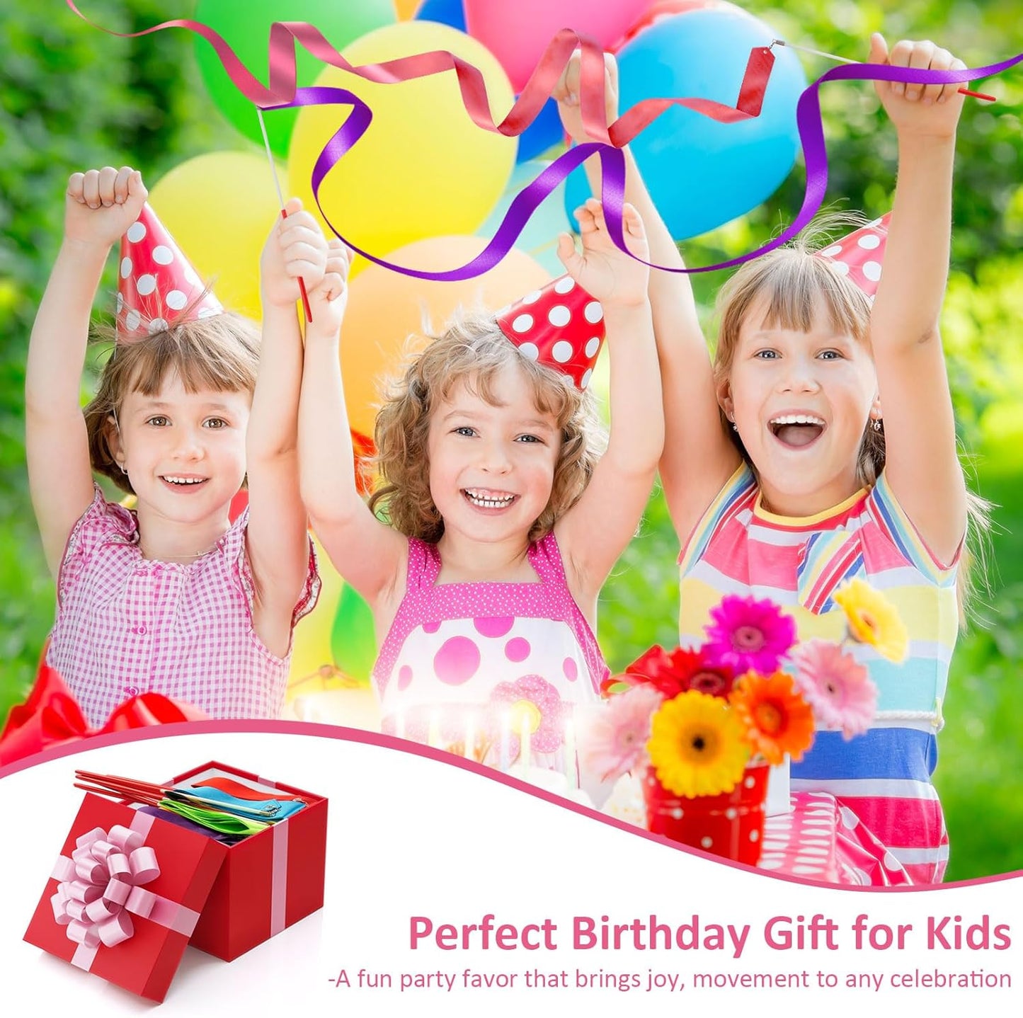 12 Pack Dance Ribbons for Kids, Dance Class, Birthday Party, Gymnastics, Princess Party Favors (Rainbow)