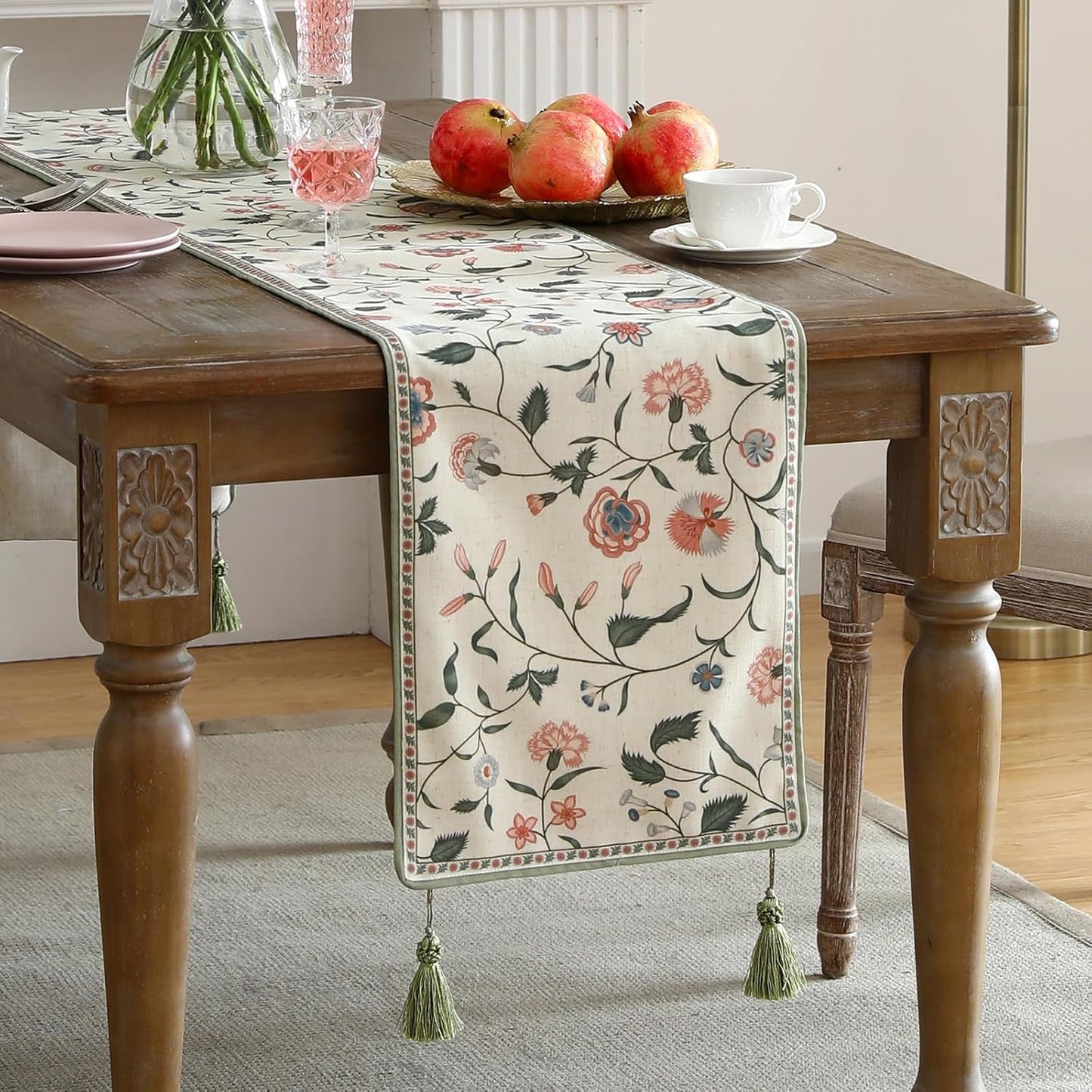 ISAENNE Designer Chinoiserie Elegant Linen Floral Table Runner 71 Inches Long,White Wrinkle Resistant Table Runners for Dining Tables,Thanksgiving,Kitchen Tables,Christmas,12"*71"-Daffy A