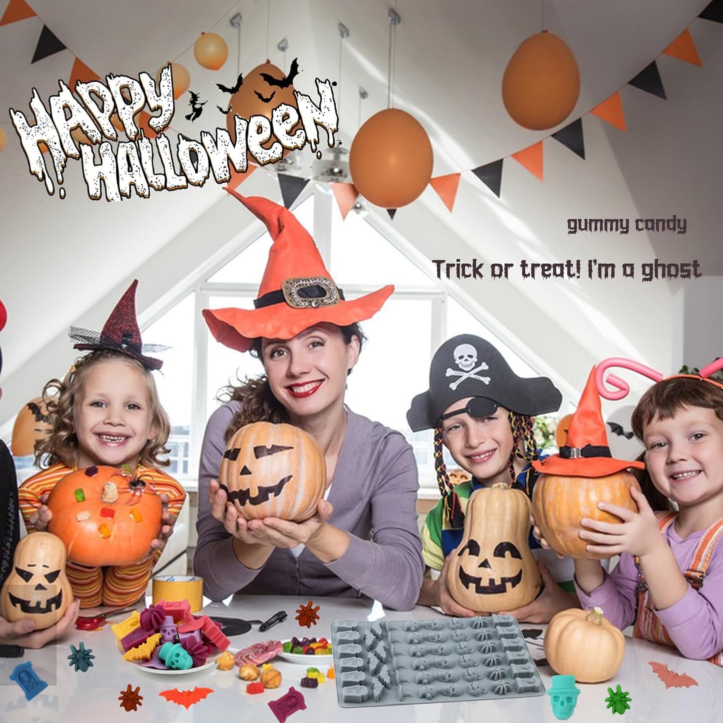 (2 Pack) Silicone Halloween Molds, 96-Cavity Pumpkin Ghost Wizard Hat Bat Spider Tombstone Skull Halloween Silicone Gummy Molds For Chocolate, Fondant, Cupcake Decoration, Biscut - Black&Gray