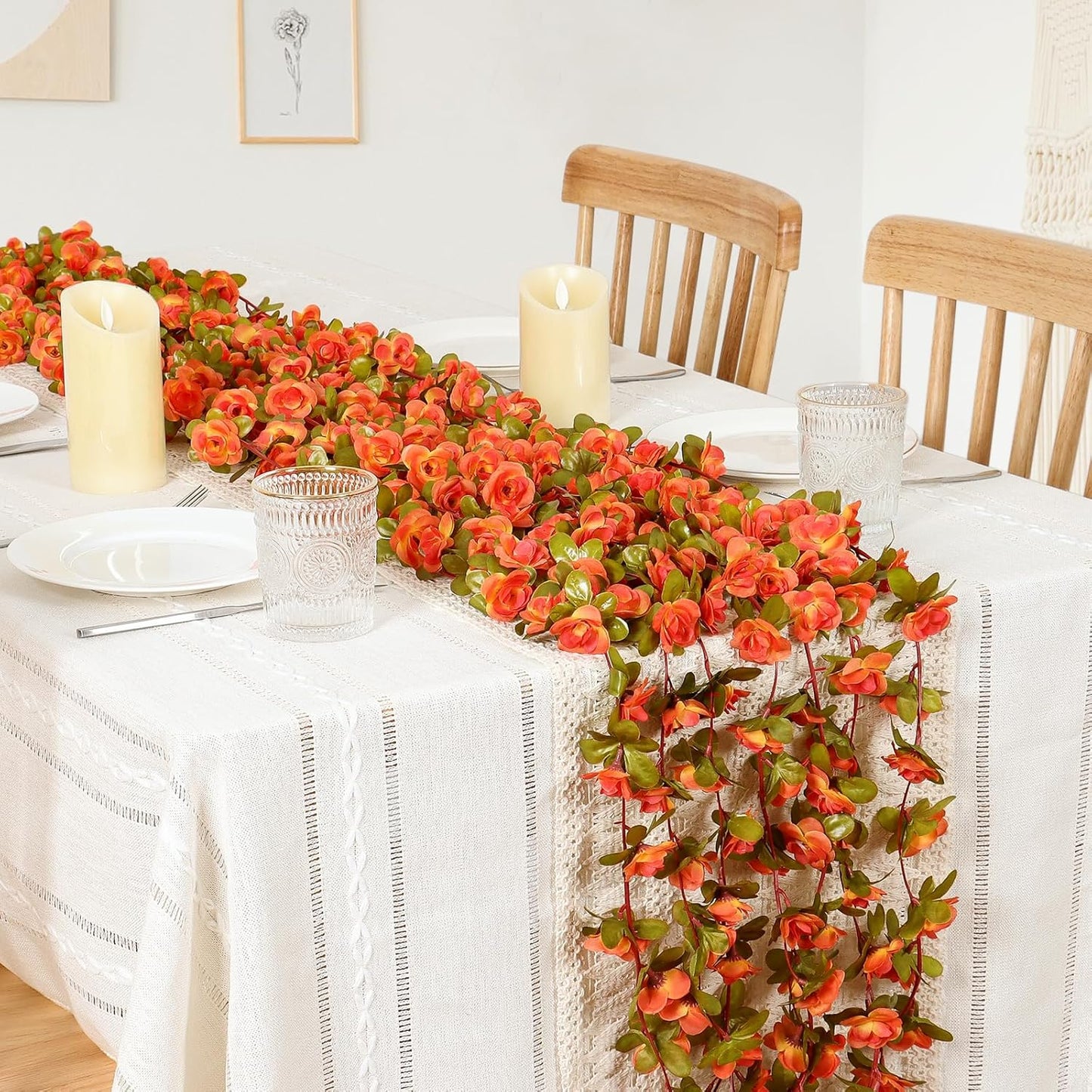 KHOYIME 5 Pack 40 FT Artificial Fall Flower Garland, Fake Orange Roses Vines Silk Flowers Faux Plastic Outdoor Hanging Floral Garland Autumn Decoration for Indoor Table Home Wall Backdrop Room Decor