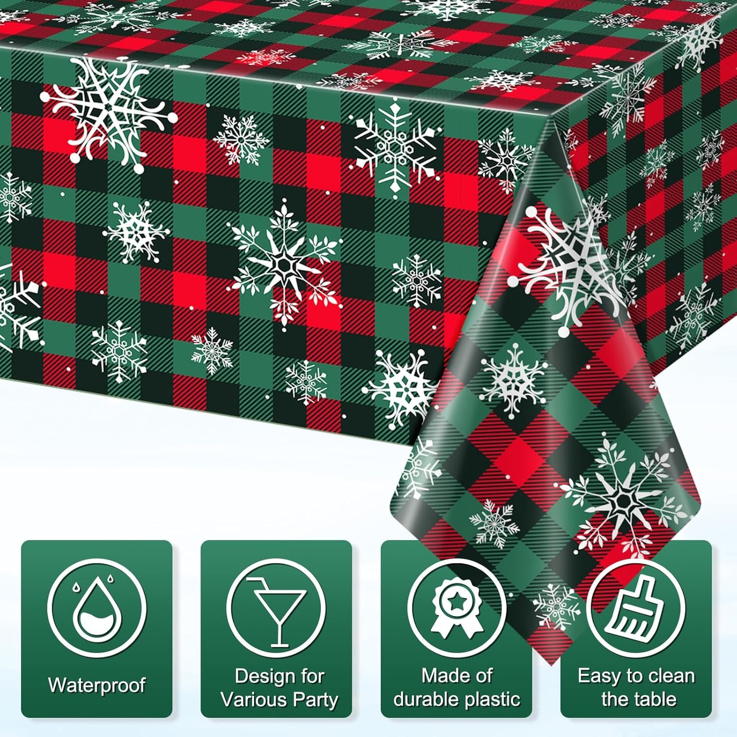 12Pcs Christmas Buffalo Plaid Snowflake Party Tablecloths Decorations,Plastic Red and Green Checkered Rectangle Table Cover for Winter Christmas New Year Birthday Holiday Party Decorations,54x108 inch