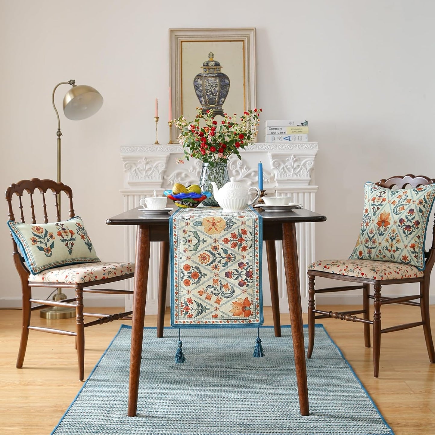 ISAENNE Designer Bohemian Elegant Linen Table Runner 87 Inches Long,Colorful Flower Pattern Table Runners for Dining Tables,Thanksgiving,Kitchen Tables,Christmas,12"*87"-Floralsea A