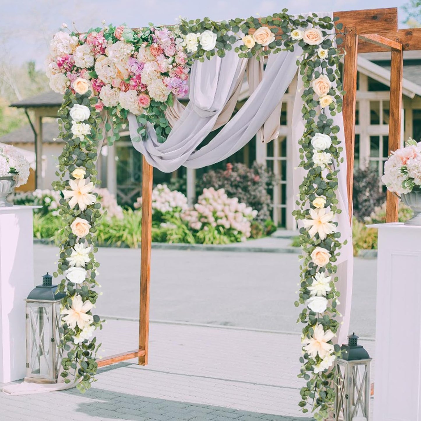 Waipfaru 6.07Ft Eucalyptus Greenery Garland with Flowers, Dusty Blue and White Rose Flower Vines for Wedding Table Runner Centerpieces Backdrop Room Decor