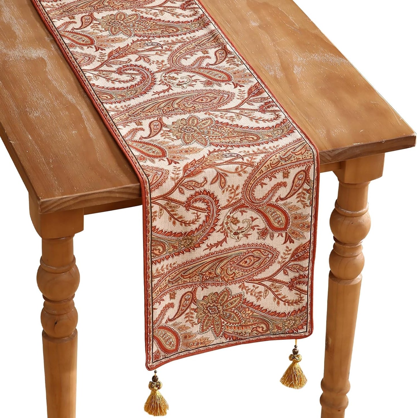 ISAENNE Designer Elegant Red Linen Table Runner 102 Inches Long,Vintage Paisley Pattern Durable Table Runners for Dining Tables,Thanksgiving,Kitchen Tables,Christmas,12"*102"-Chauffrey A