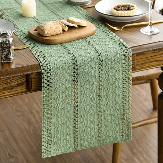 Artoid Mode Light Green Farmhouse Woven Rustic Hollow Table Runner, Seasonal Holiday Hollow Kitchen Dining Table Decoration for Home Party Decor 12x60 Inch