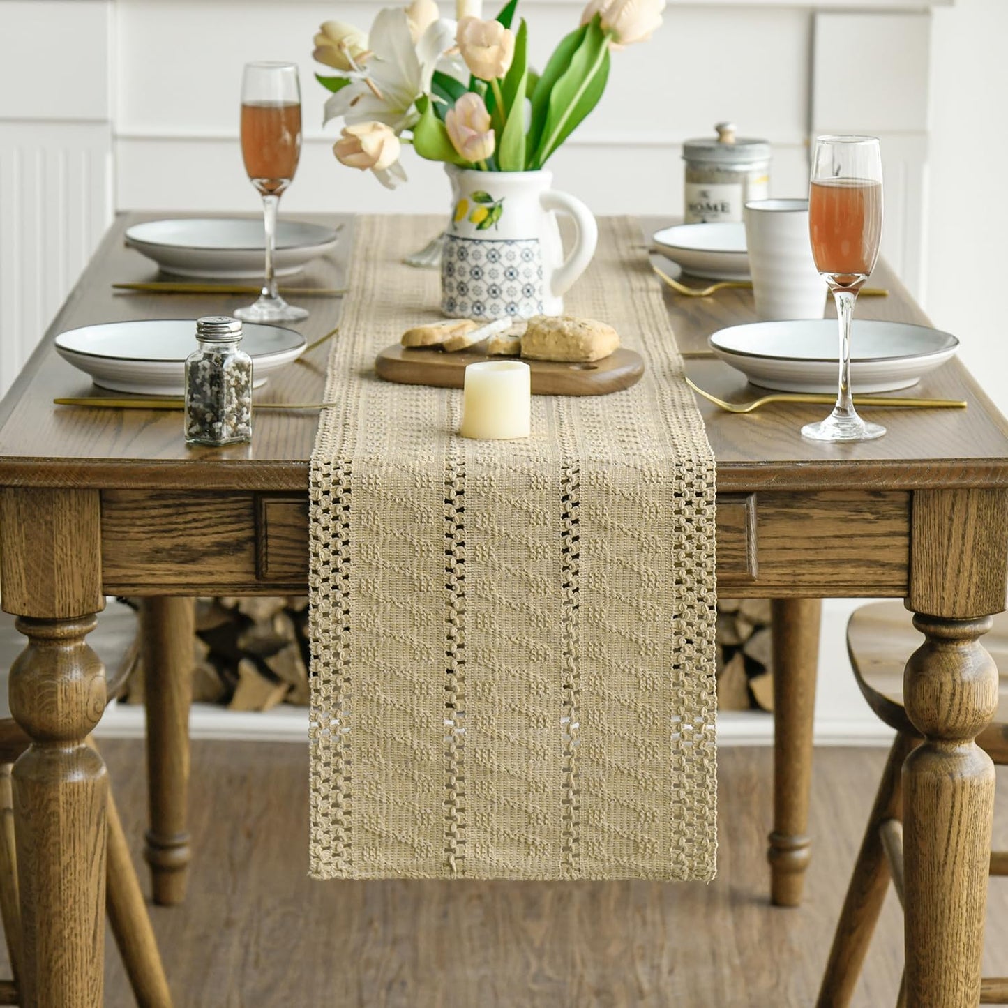 Artoid Mode Burlap Brown Farmhouse Woven Rustic Hollow Table Runner, Seasonal Holiday Hollow Kitchen Dining Table Decoration for Home Party Decor 12x60 Inch