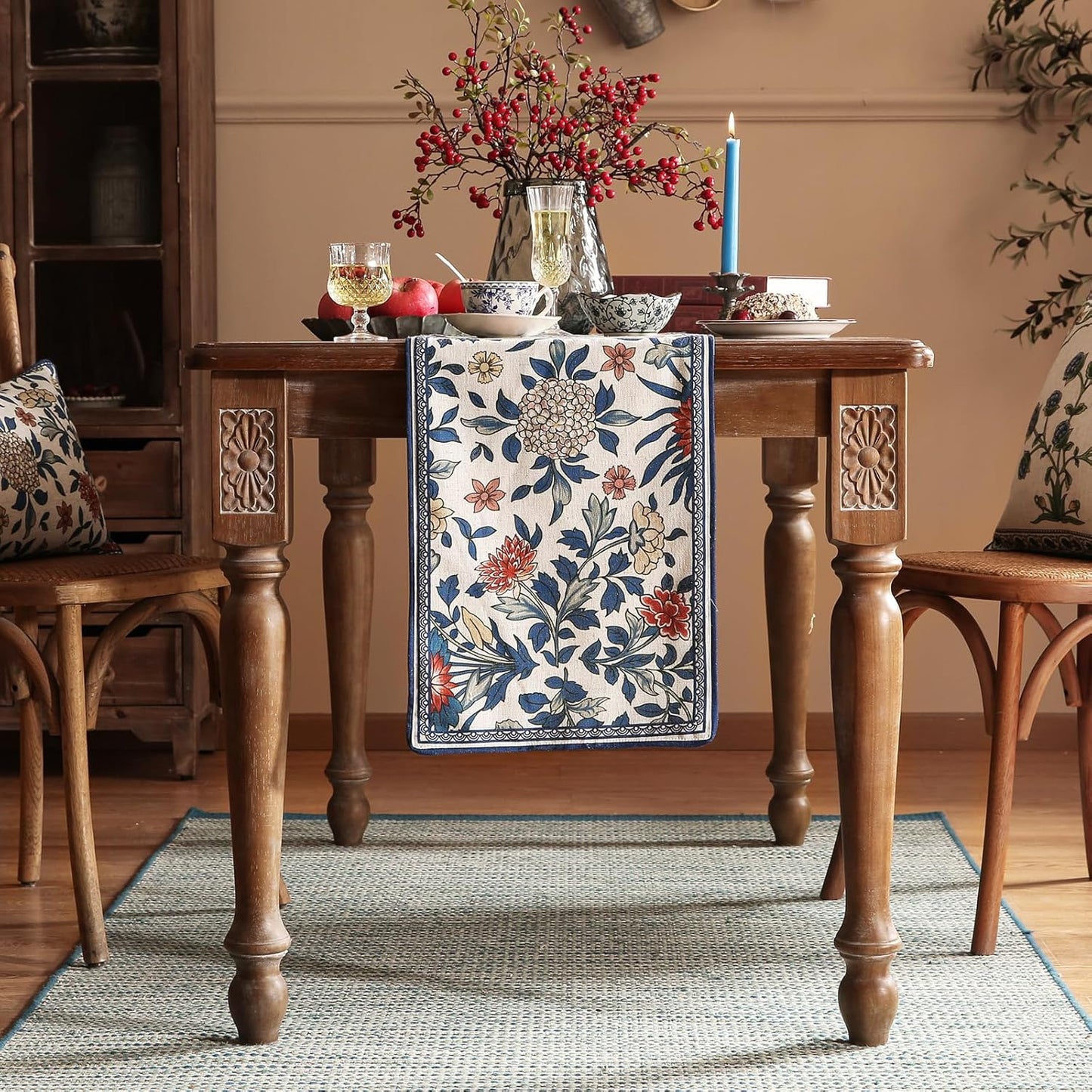 patdrea Designer Blue Cottage Rustic Floral Patterned Linen Table Runner 87 Inch Long,Wrinkle Resistant Table Mat,Decoration for Kitchen Dining and Coffee Tables Banquet Christmas , 12"x87"